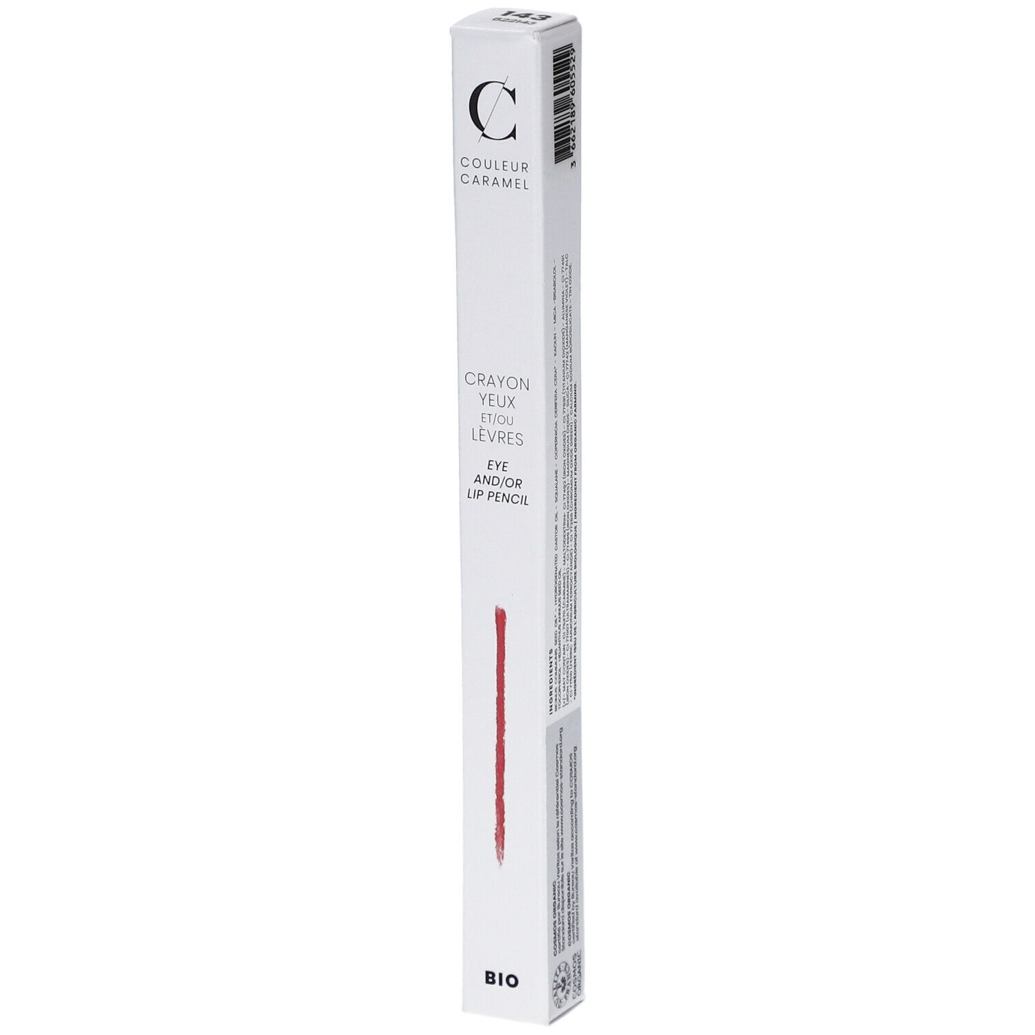 Crayon yeux et/ou lèvres COULEUR CARAMEL. Emballage blanc avec nom de produit et trait rouge. Certification BIO.