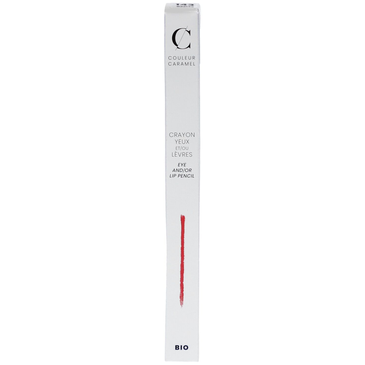 Crayon yeux et/ou lèvres COULEUR CARAMEL. Emballage blanc avec nom de produit et trait rouge. Certification BIO.
