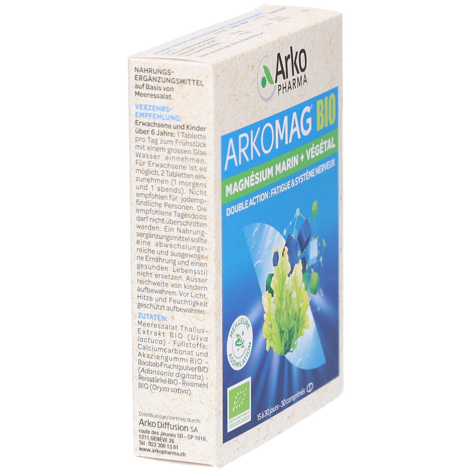 Schachtel ARKOMAG BIO, schräg. Aufschrift: Magnesium Marin + Végétal. Double Action: Fatigue & Système Nerveux. Mit Bio-Siegel.