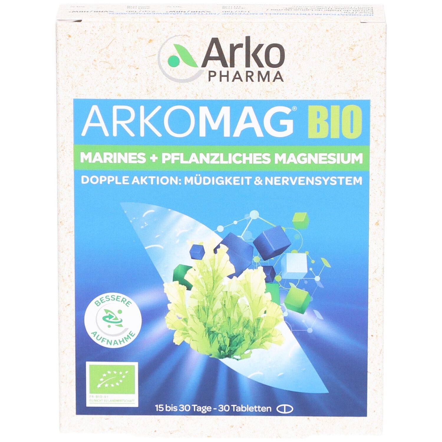 Schachtel mit ARKOMAG BIO. Aufschrift: Marines + Pflanzliches Magnesium. Doppel Aktion: Müdigkeit & Nervensystem. Mit Bio-Siegel.