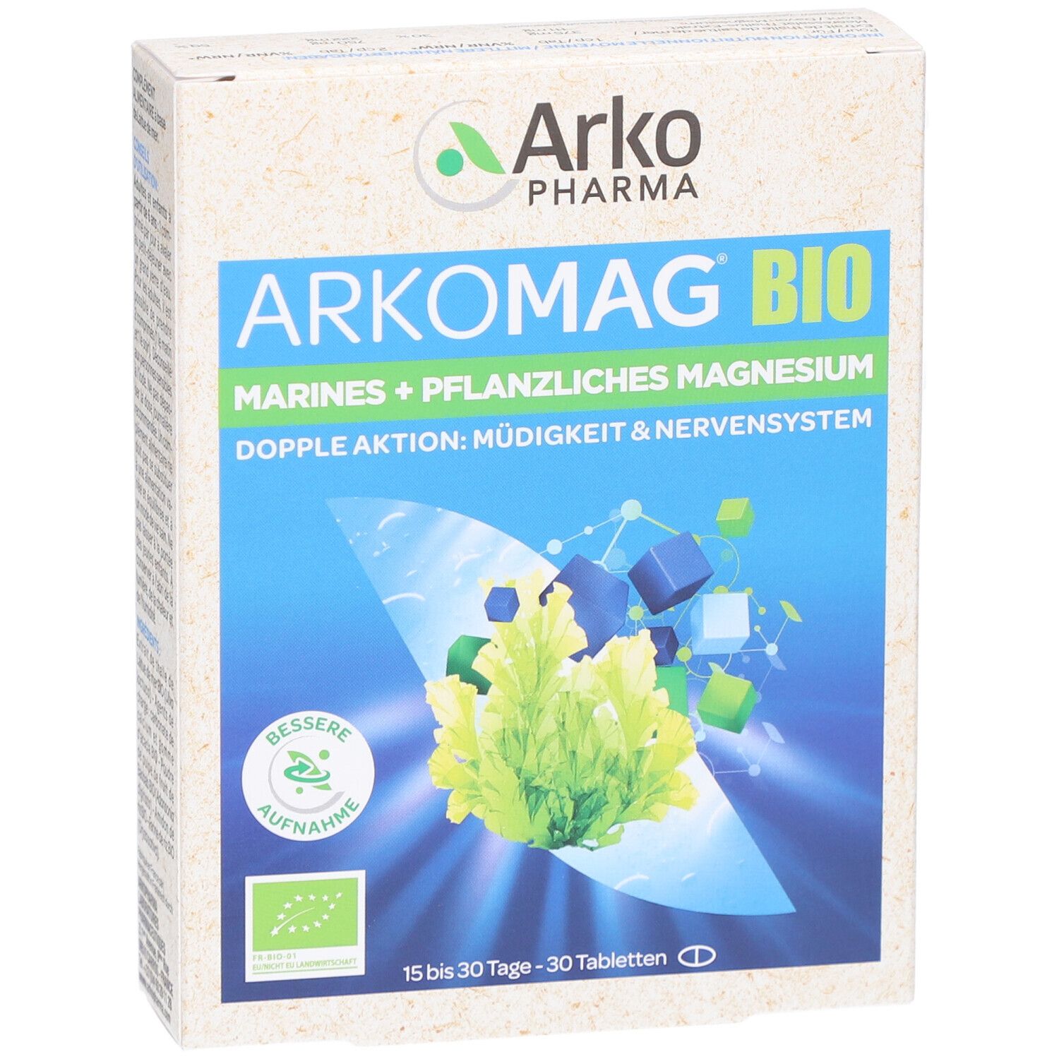 Schachtel mit ARKOMAG BIO. Aufschrift: Marines + Pflanzliches Magnesium. Doppel Aktion: Müdigkeit & Nervensystem. Mit Bio-Siegel.