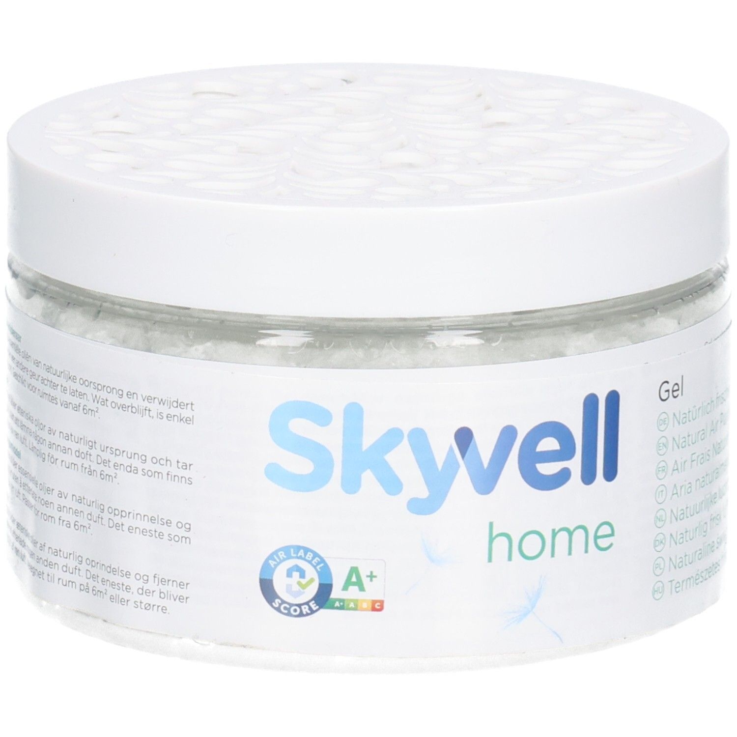 Weißes Glas mit Deckel. Skyvell home Gel, blaue Schrift. Air Label Score A+.