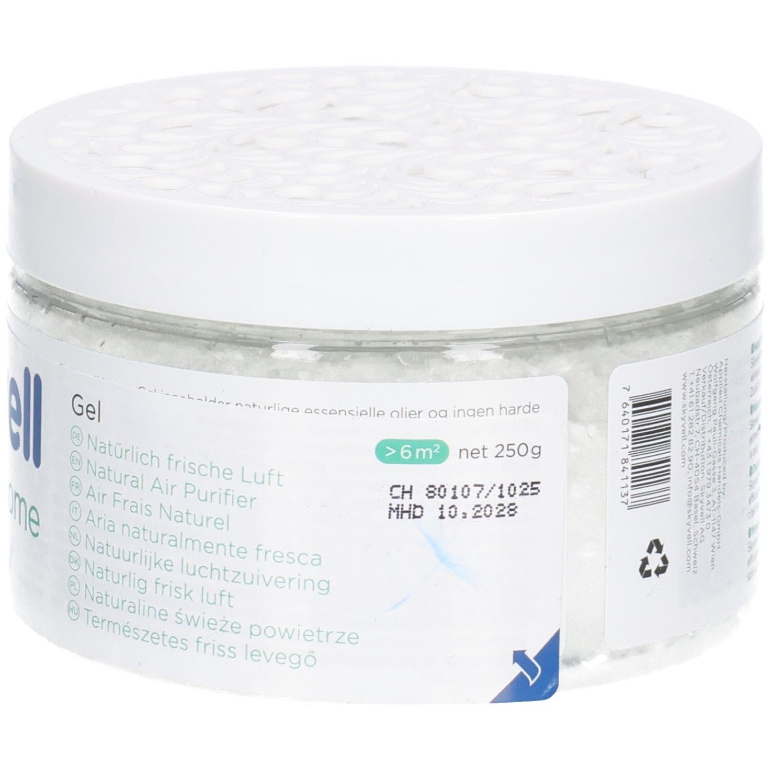 Weißes Glas mit Deckel. Skyvell home Gel. Text auf Etikett. 250g, MHD 10.2028.
