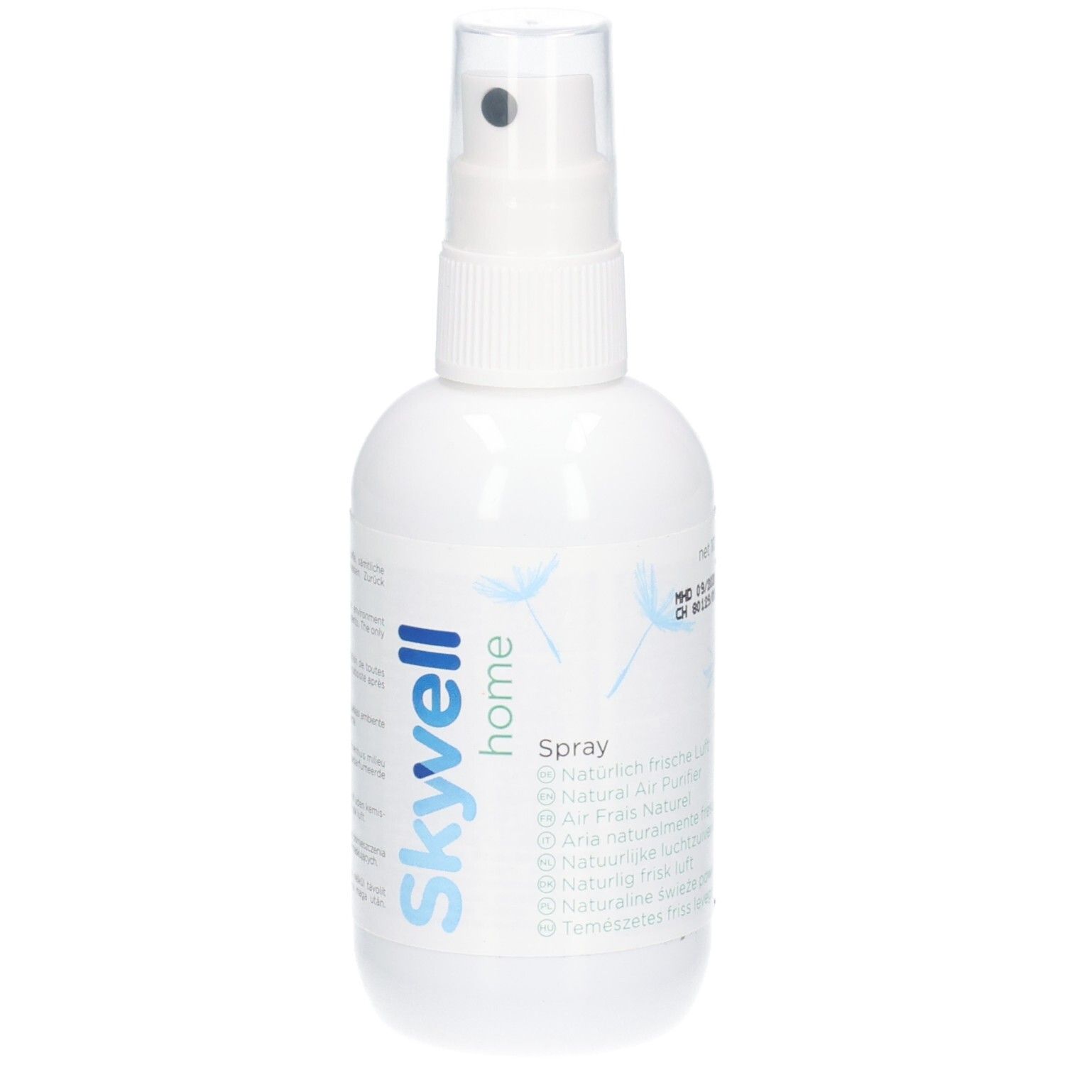 Weiße Sprühflasche mit blauem Skyvell Home-Logo. Transparenter Sprühkopf. Text in mehreren Sprachen.