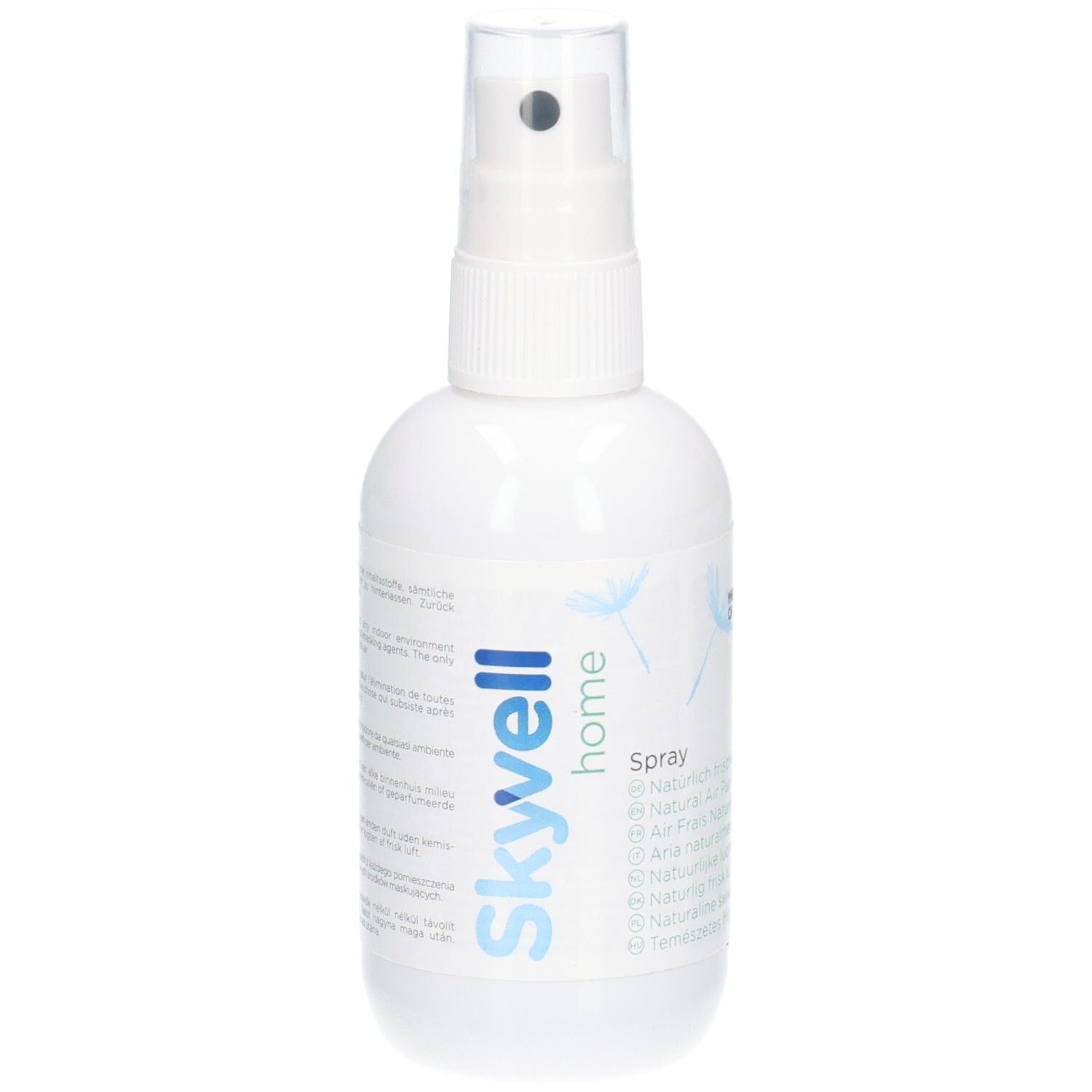 Weiße Sprühflasche mit blauem Skyvell Home-Logo. Transparenter Sprühkopf. Text in mehreren Sprachen.