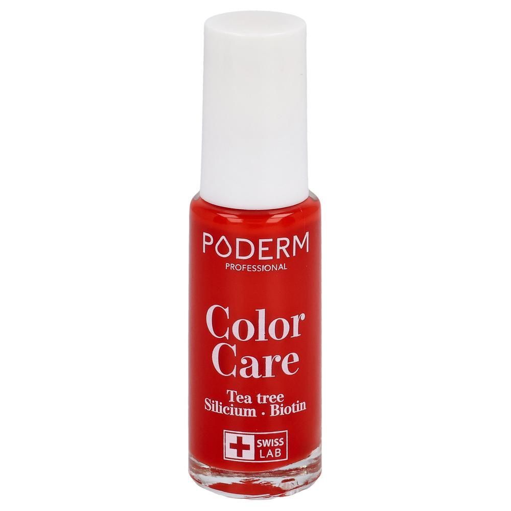 Rote Nagellackflasche mit weißem Deckel. Aufschrift: PODERM Color Care, Tea tree, Silicium, Biotin. Swiss Lab Logo.
