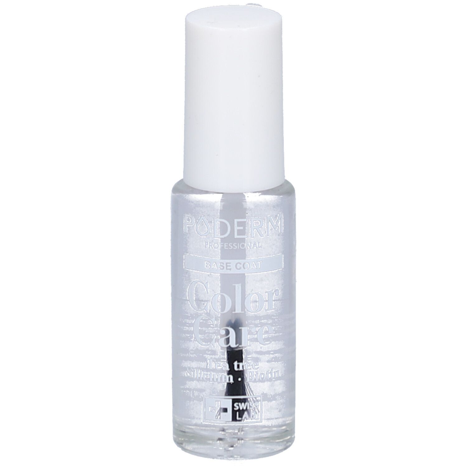 Flacon de vernis à ongles transparent avec bouchon blanc. Inscription : PODERM, Base Coat, Color Care, Swiss Lab.