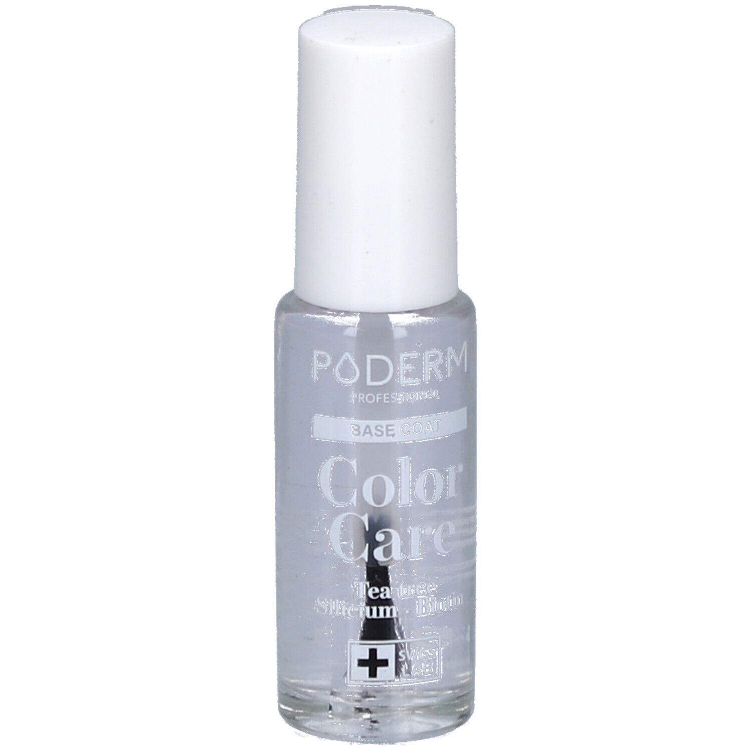 Flacon de vernis à ongles transparent avec bouchon blanc. Inscription : PODERM, Base Coat, Color Care, Swiss Lab.