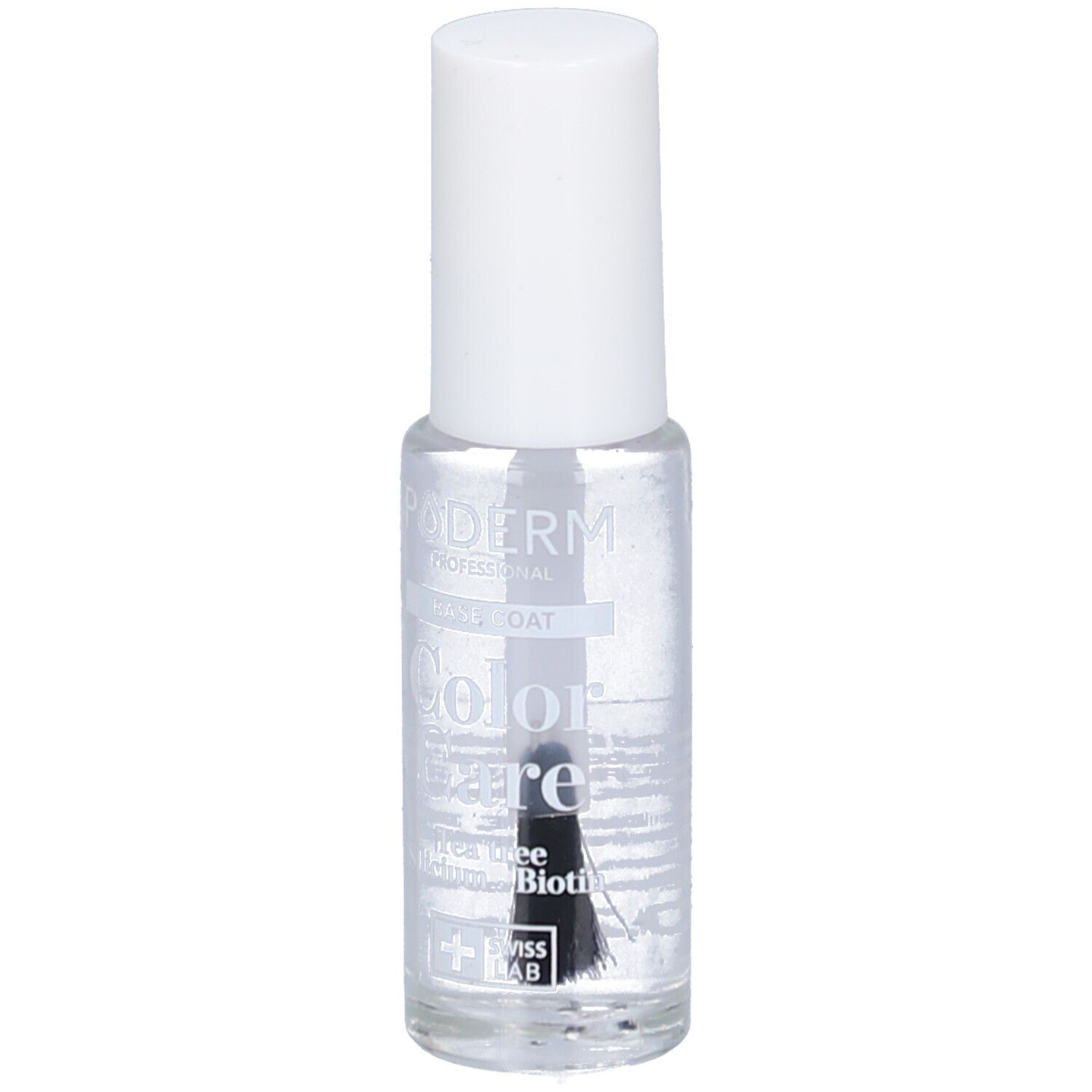 Flacon de vernis à ongles transparent avec bouchon blanc. Inscription : PODERM, Base Coat, Color Care, Swiss Lab.