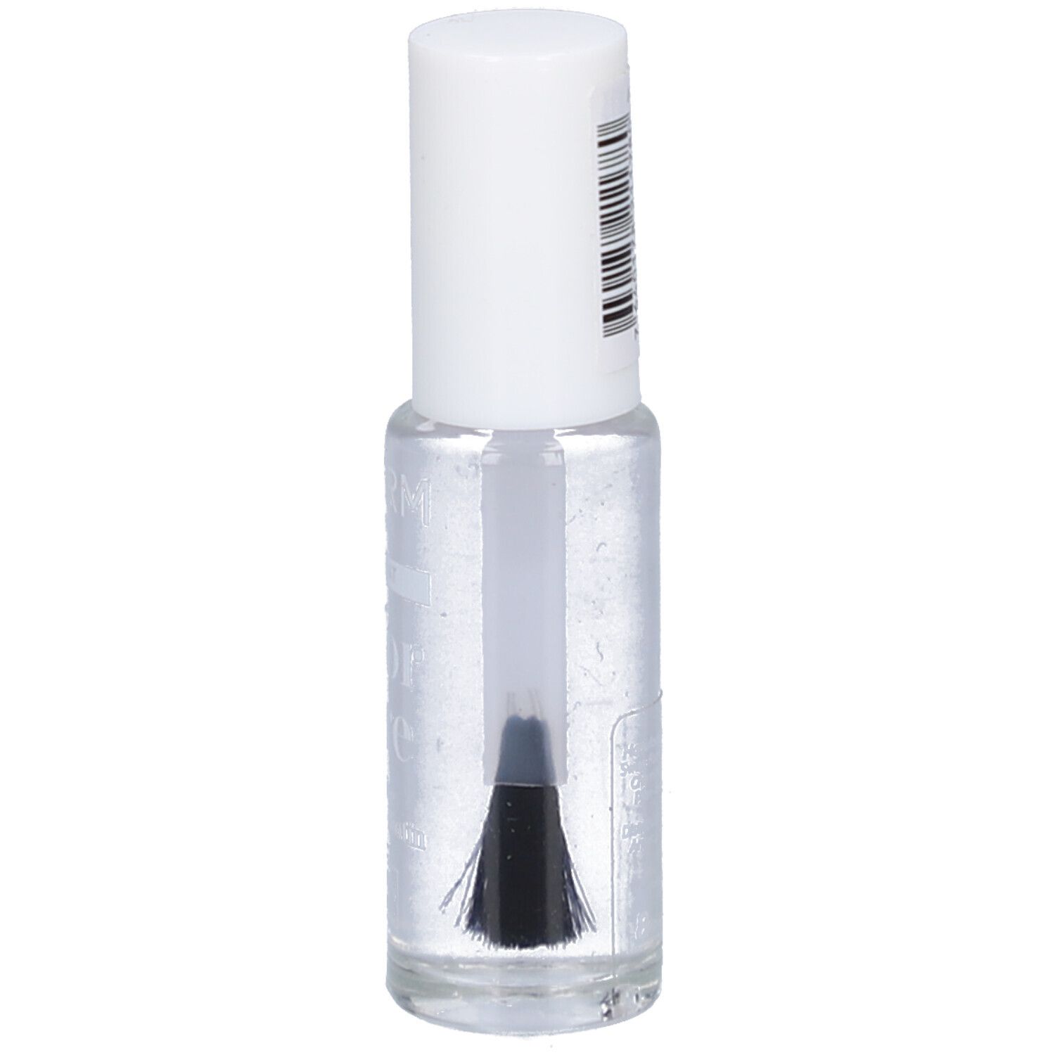 Flacon de vernis à ongles transparent avec bouchon blanc. Pinceau visible.