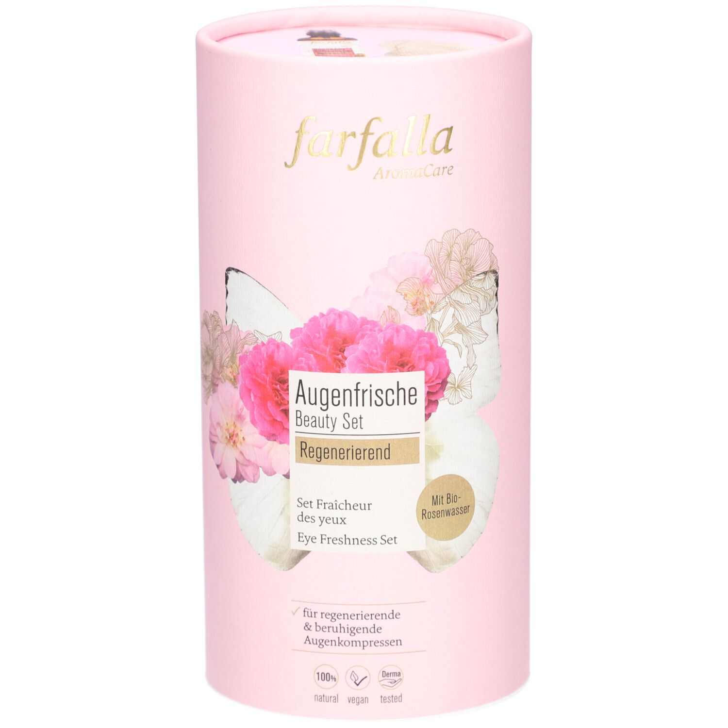 Rosa zylindrische Verpackung. Aufschrift: Farfalla AromaCare, Augenfrische Beauty Set. Mit Blumenmotiv und Text.