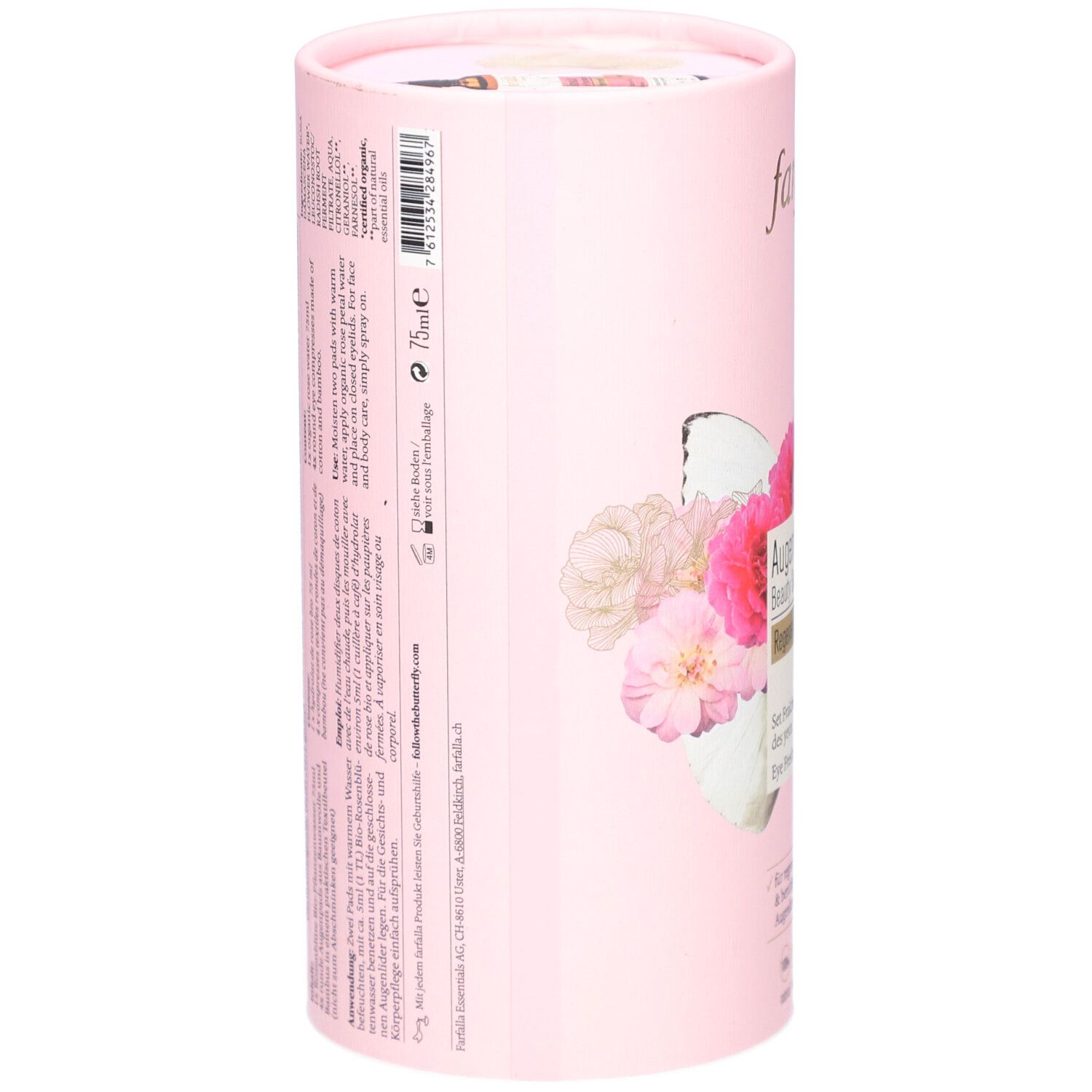Rosa zylindrische Verpackung. Aufschrift: Farfalla AromaCare. Text und Barcode auf der Seite. Mit Blumenmotiv.