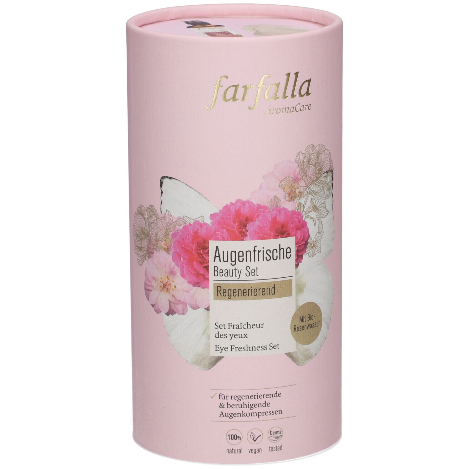 Rosa zylindrische Verpackung. Aufschrift: Farfalla AromaCare, Augenfrische Beauty Set. Mit Blumenmotiv und Text.