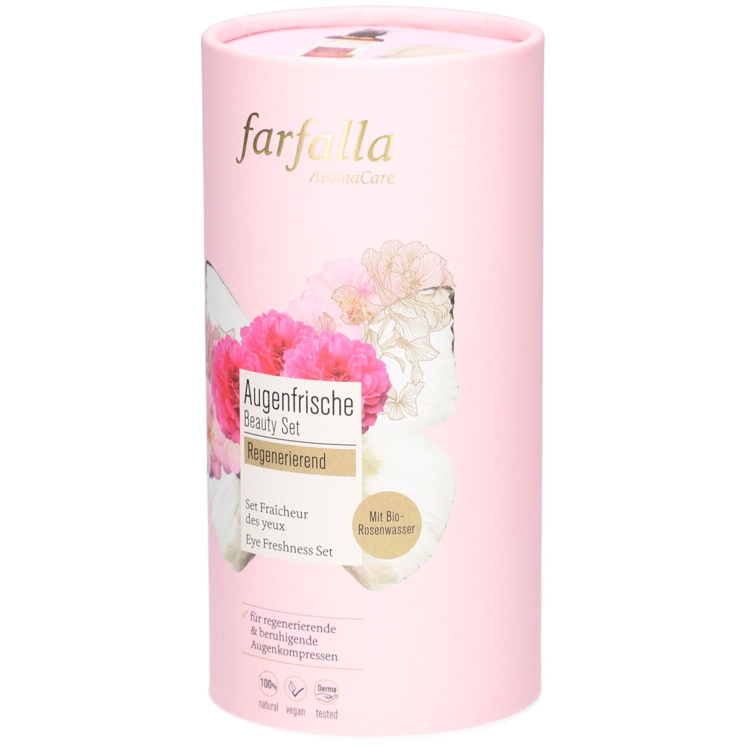 Rosa zylindrische Verpackung. Aufschrift: Farfalla AromaCare, Augenfrische Beauty Set. Mit Blumenmotiv und Text.