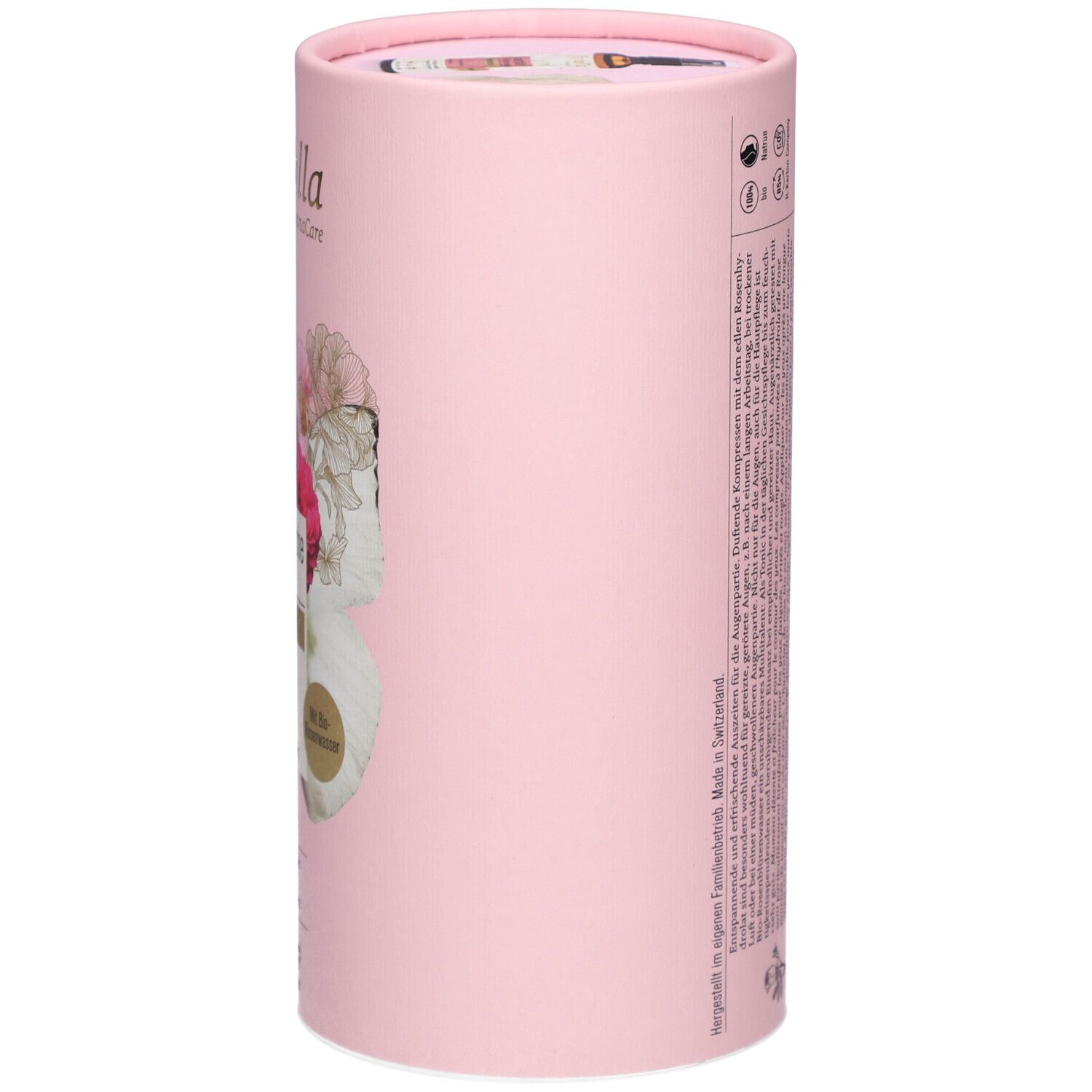 Rosa zylindrische Verpackung. Aufschrift: Farfalla AromaCare. Text und Zertifizierungen auf der Seite. Mit Blumenmotiv.