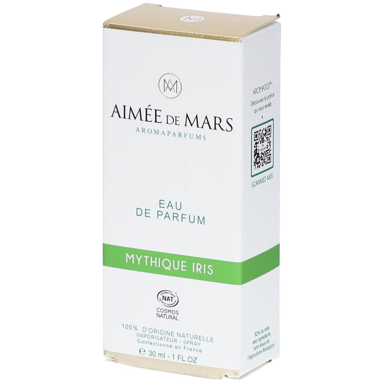 Weißer Karton mit goldener Oberseite. Aufschrift: Aimée de Mars, Eau de Parfum Mythique Iris. NAT-Zertifizierung.