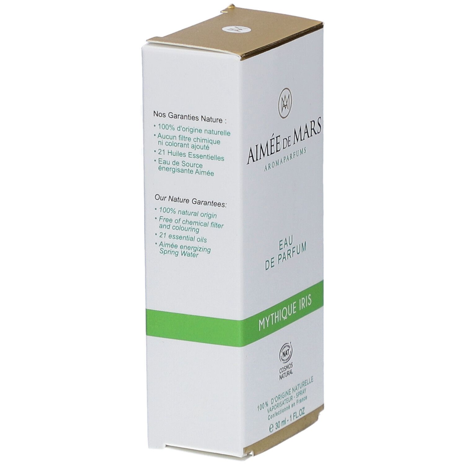 Weißer Karton mit grünen Akzenten. Aufschrift: Aimée de Mars, Eau de Parfum Mythique Iris. NAT-Zertifizierung.