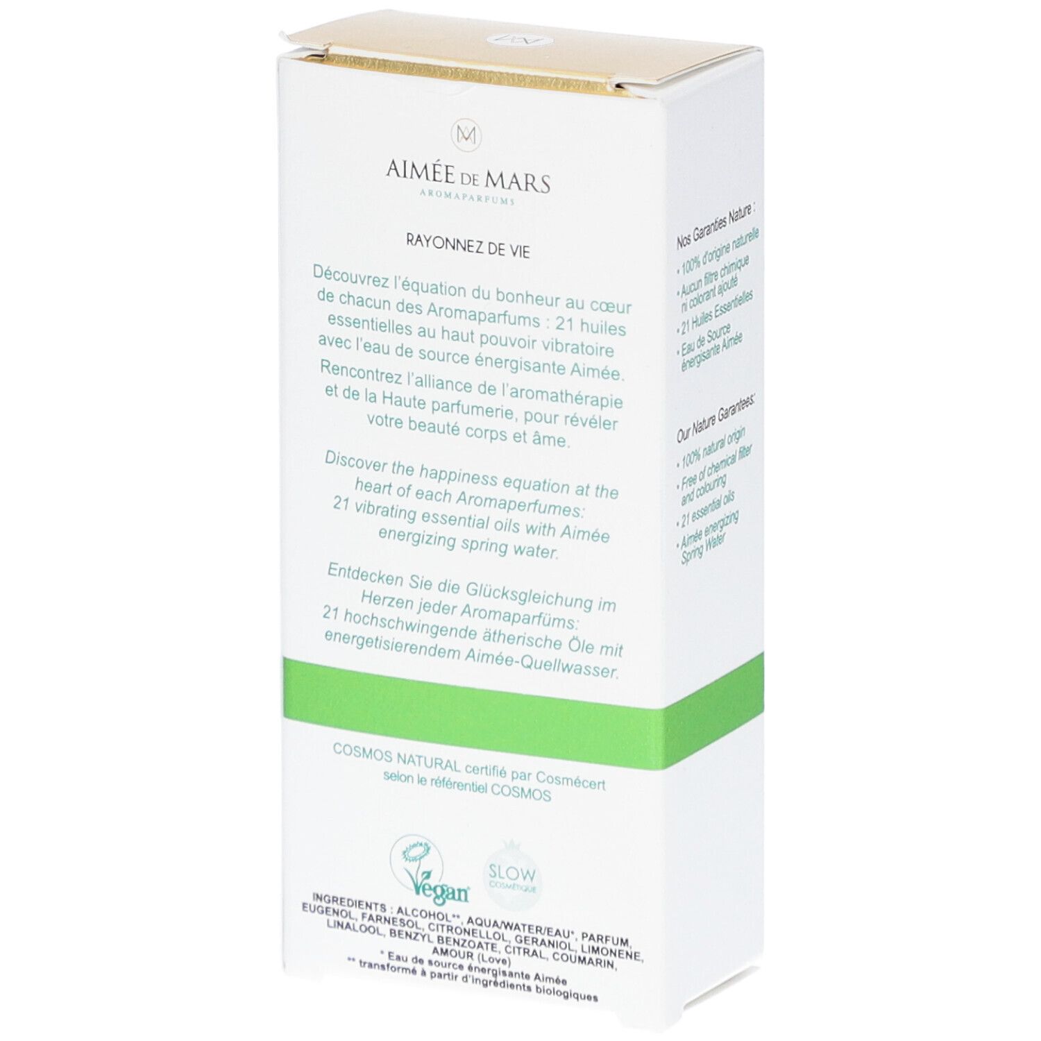 Weißer Karton mit Text. Aufschrift: Aimée de Mars. Text über Inhaltsstoffe und Zertifizierung COSMOS NATURAL.