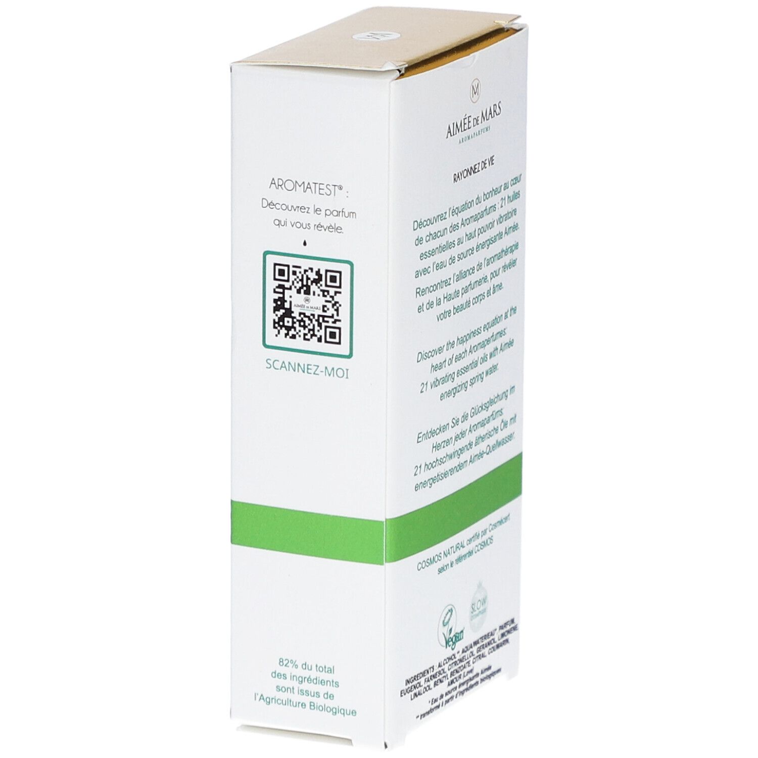 Weißer Karton mit QR-Code. Aufschrift: Aimée de Mars. Text über Inhaltsstoffe und Zertifizierung COSMOS NATURAL.
