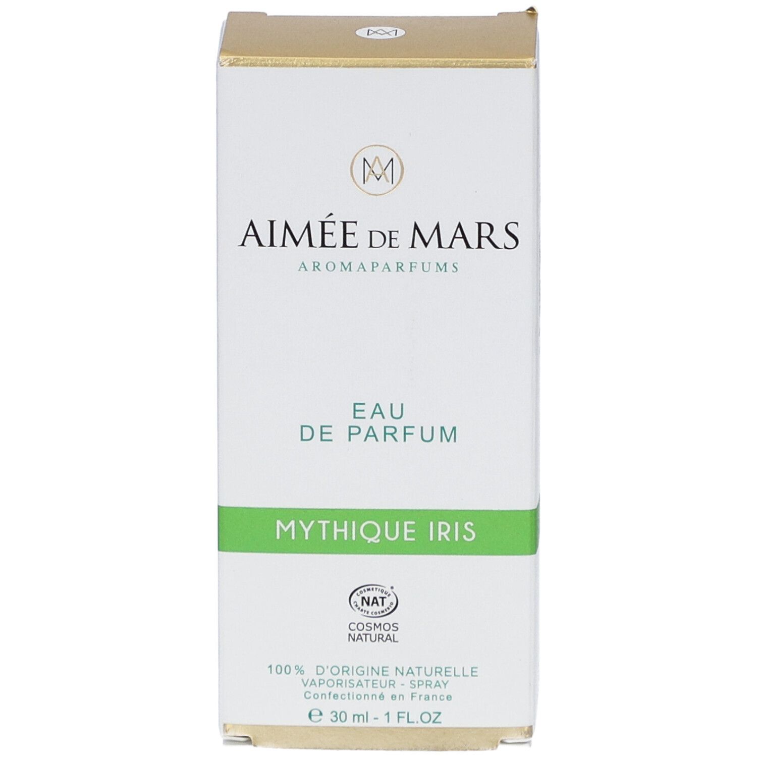 Weißer Karton. Aufschrift: Aimée de Mars, Eau de Parfum Mythique Iris. NAT-Zertifizierung. 30 ml.