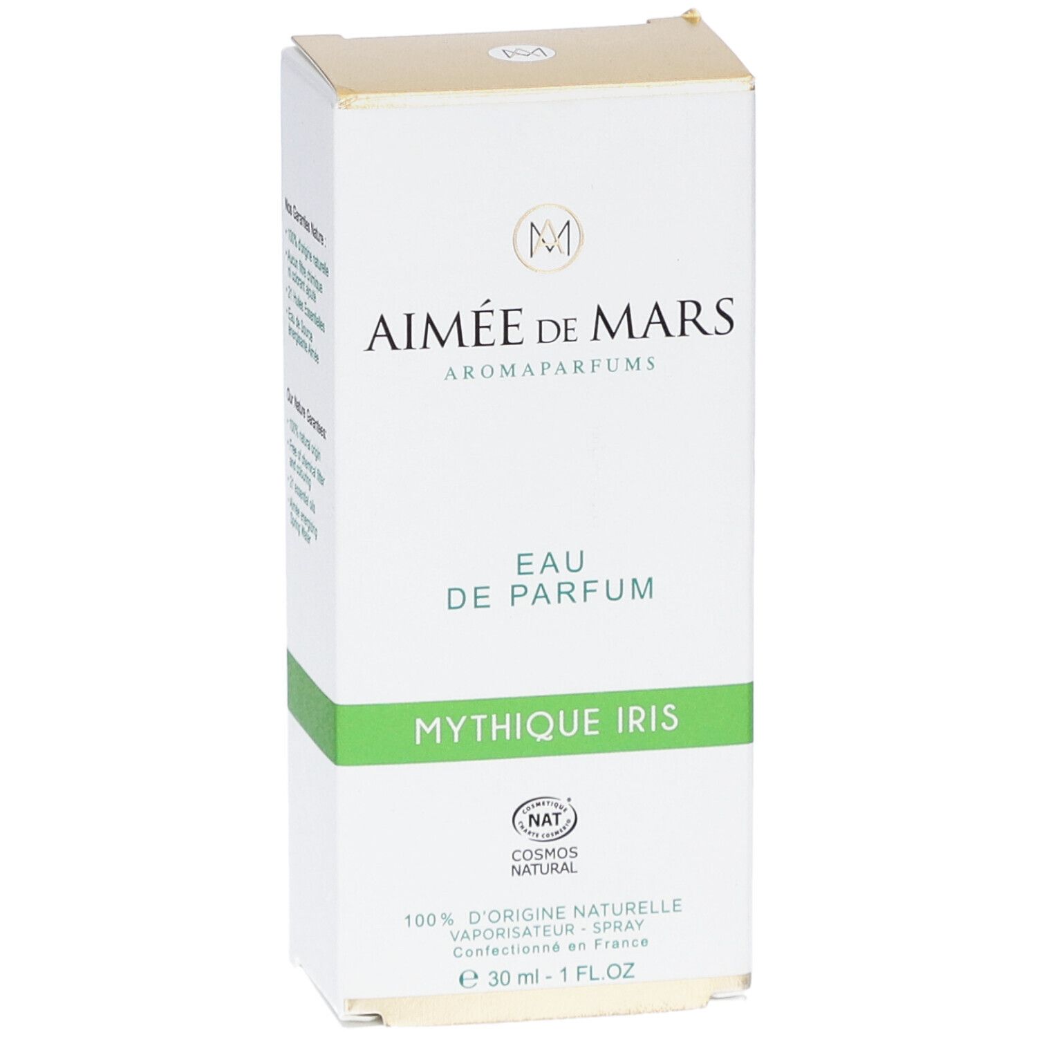 Weißer Karton. Aufschrift: Aimée de Mars, Eau de Parfum Mythique Iris. NAT-Zertifizierung. 30 ml.