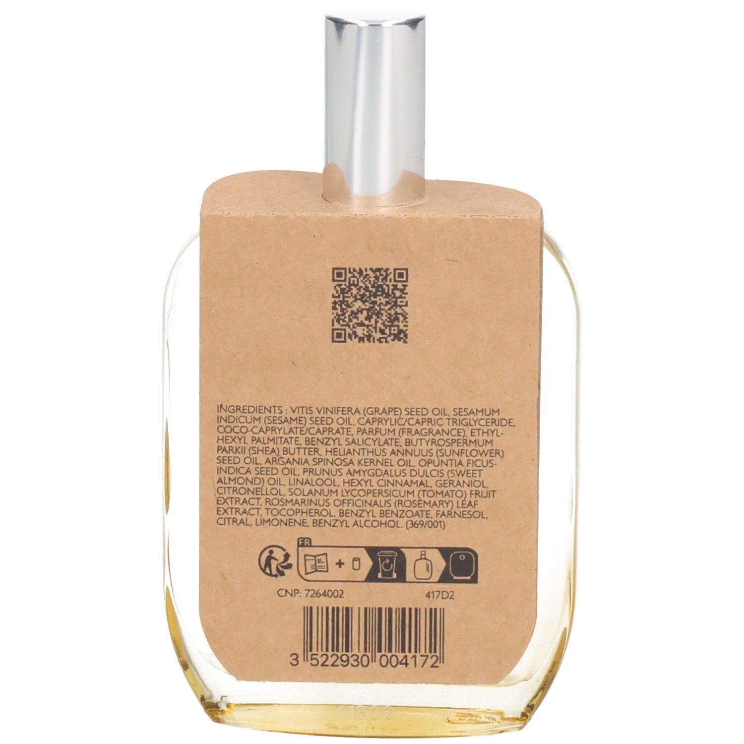 Dos du flacon en verre d'huile dorée. Étiquette marron avec texte et QR code. Vaporisateur argenté.