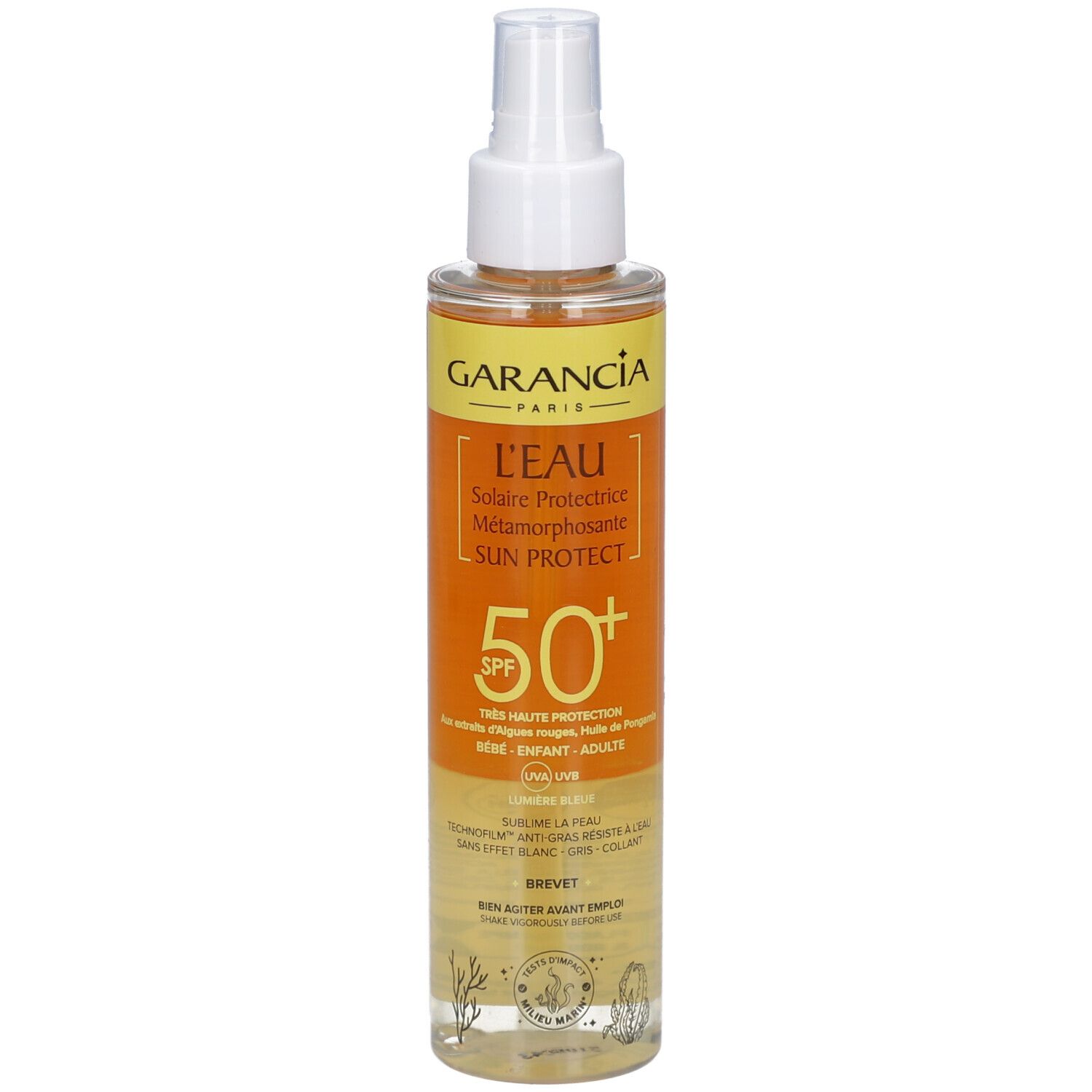 Flacon de GARANCIA L'Eau Solaire Protectrice Métamorphosante Sun Protect SPF50+. Tête blanche, étiquette orange.