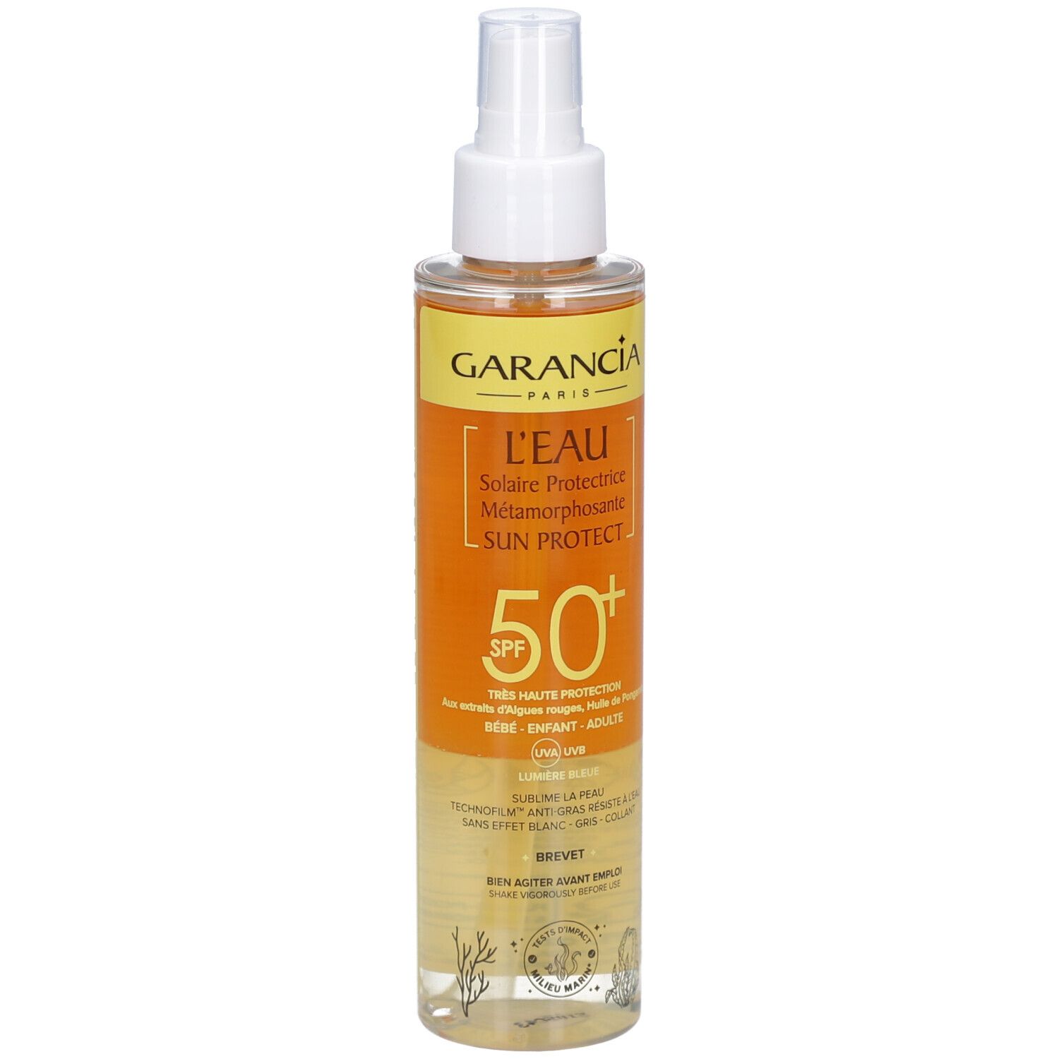 Flacon de GARANCIA L'Eau Solaire Protectrice Métamorphosante Sun Protect SPF50+. Tête blanche, étiquette orange.
