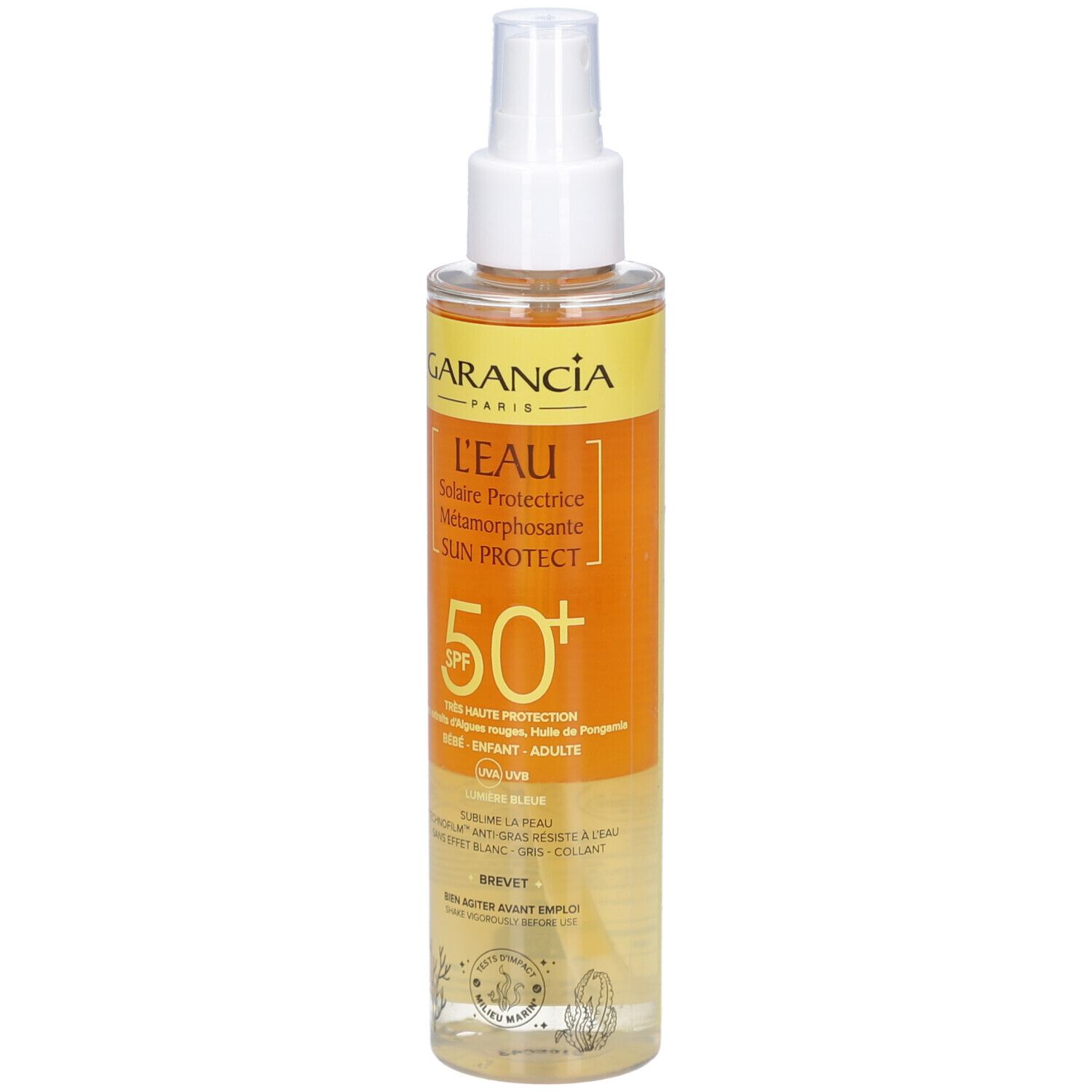Flacon de GARANCIA L'Eau Solaire Protectrice Métamorphosante Sun Protect SPF50+. Tête blanche, étiquette orange.