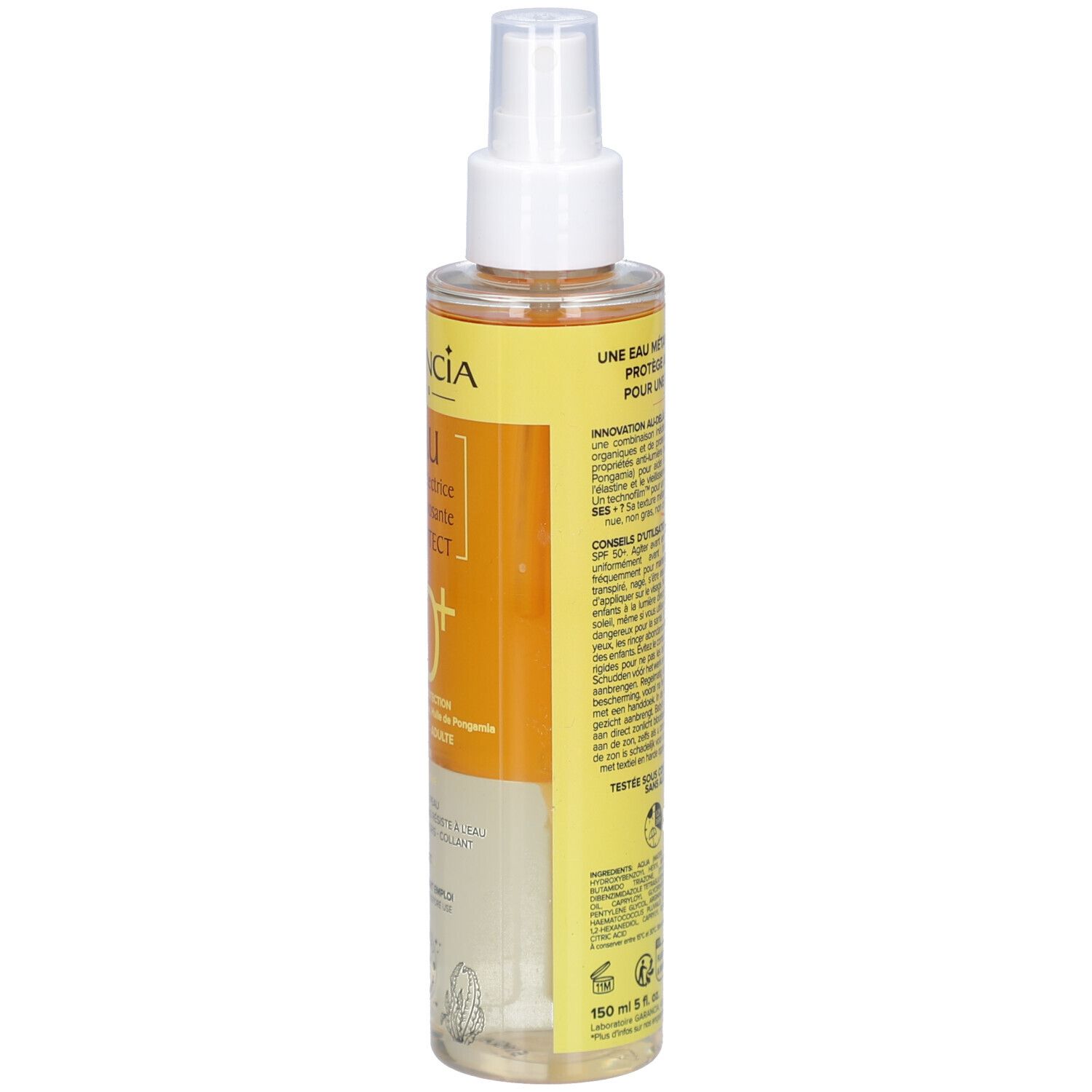 Dos du flacon GARANCIA L'Eau Solaire Protectrice Métamorphosante Sun Protect SPF50+. Texte et étiquette.