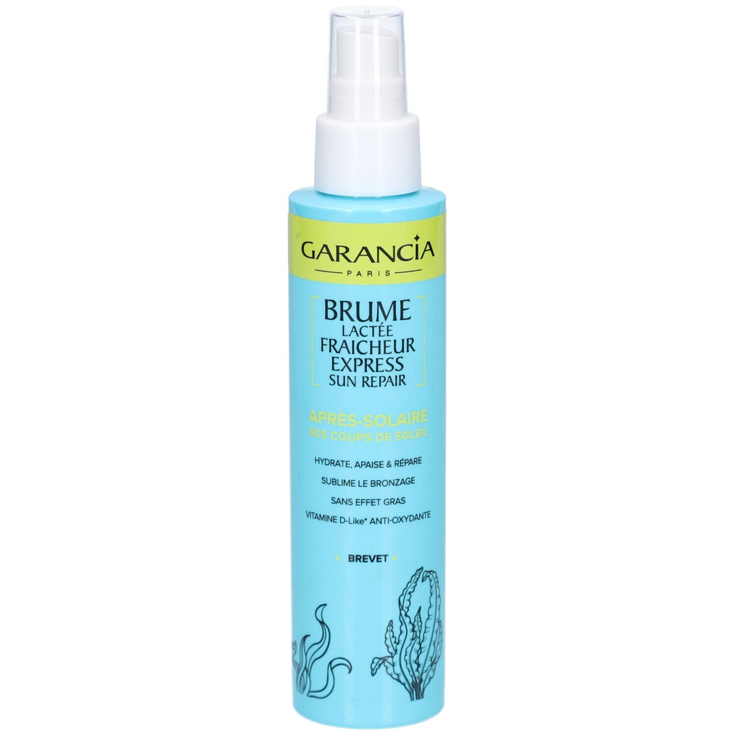 Flacon bleu-turquoise avec vaporisateur blanc. Inscription: GARANCIA, BRUME LACTÉE FRAICHEUR EXPRESS SUN REPAIR. Illustration d'algues.