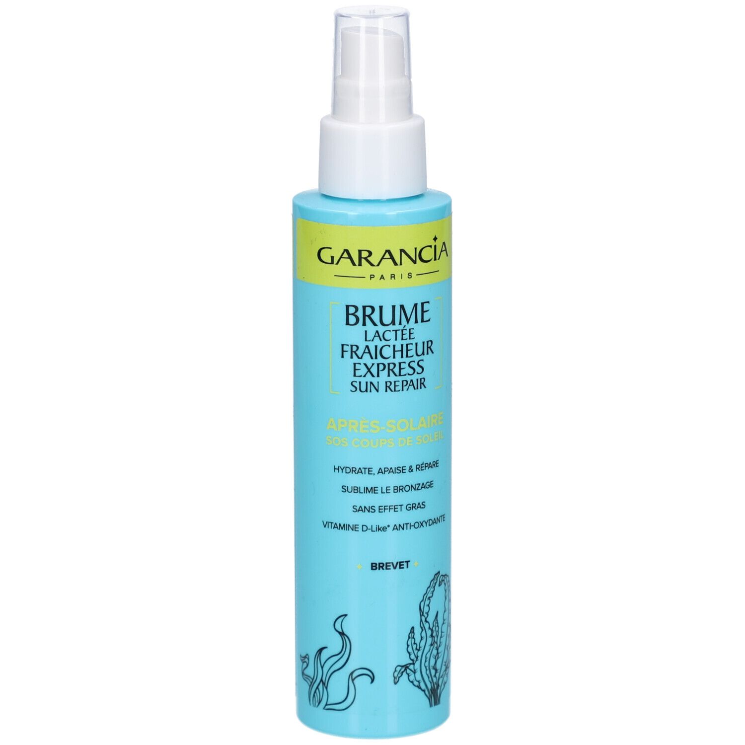 Flacon bleu-turquoise avec vaporisateur blanc. Inscription: GARANCIA, BRUME LACTÉE FRAICHEUR EXPRESS SUN REPAIR. Illustration d'algues.