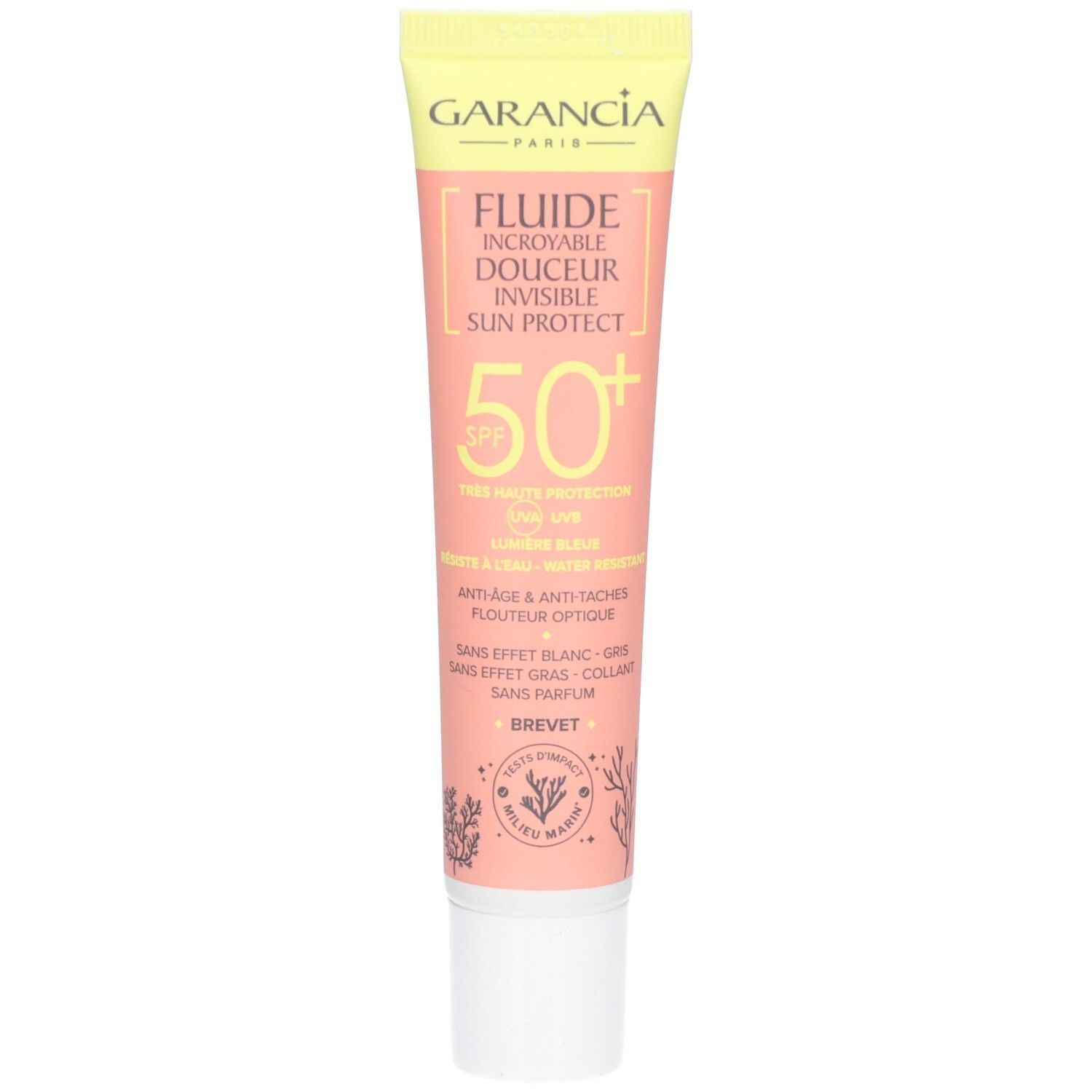 Tube de fluide solaire Garancia SPF50+ en vue de face. Emballage jaune et rose avec informations produit.