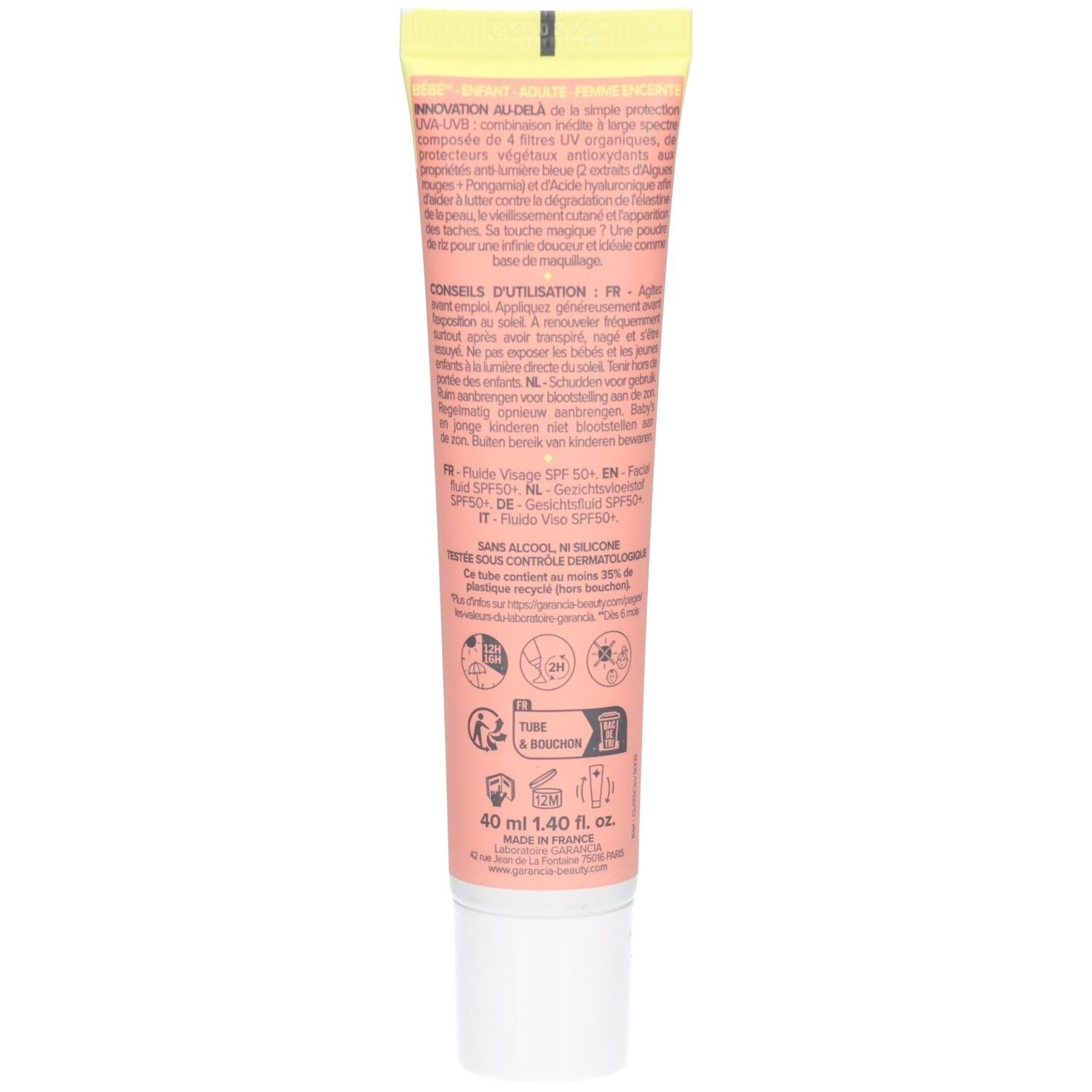 Arrière du tube de fluide solaire Garancia SPF50+. Contient des instructions d'utilisation et des informations produit multilingues.