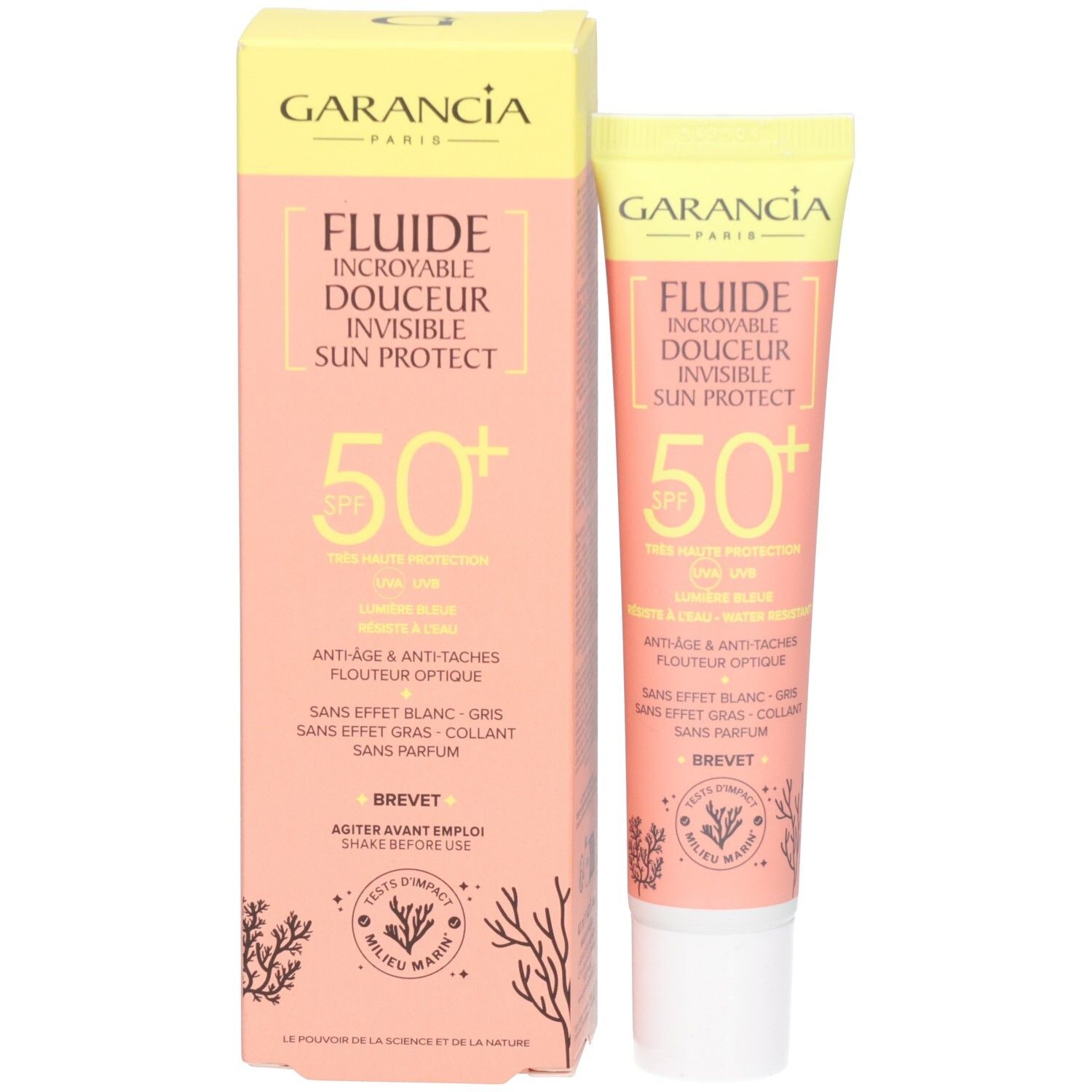 Tube et boîte de fluide solaire Garancia SPF50+. Emballage jaune et rose avec nom du produit et SPF50+.