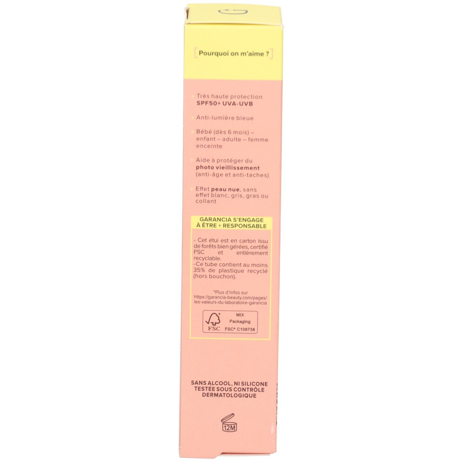 Vue latérale de la boîte de fluide solaire Garancia SPF50+. Contient des détails sur les ingrédients et les certifications.