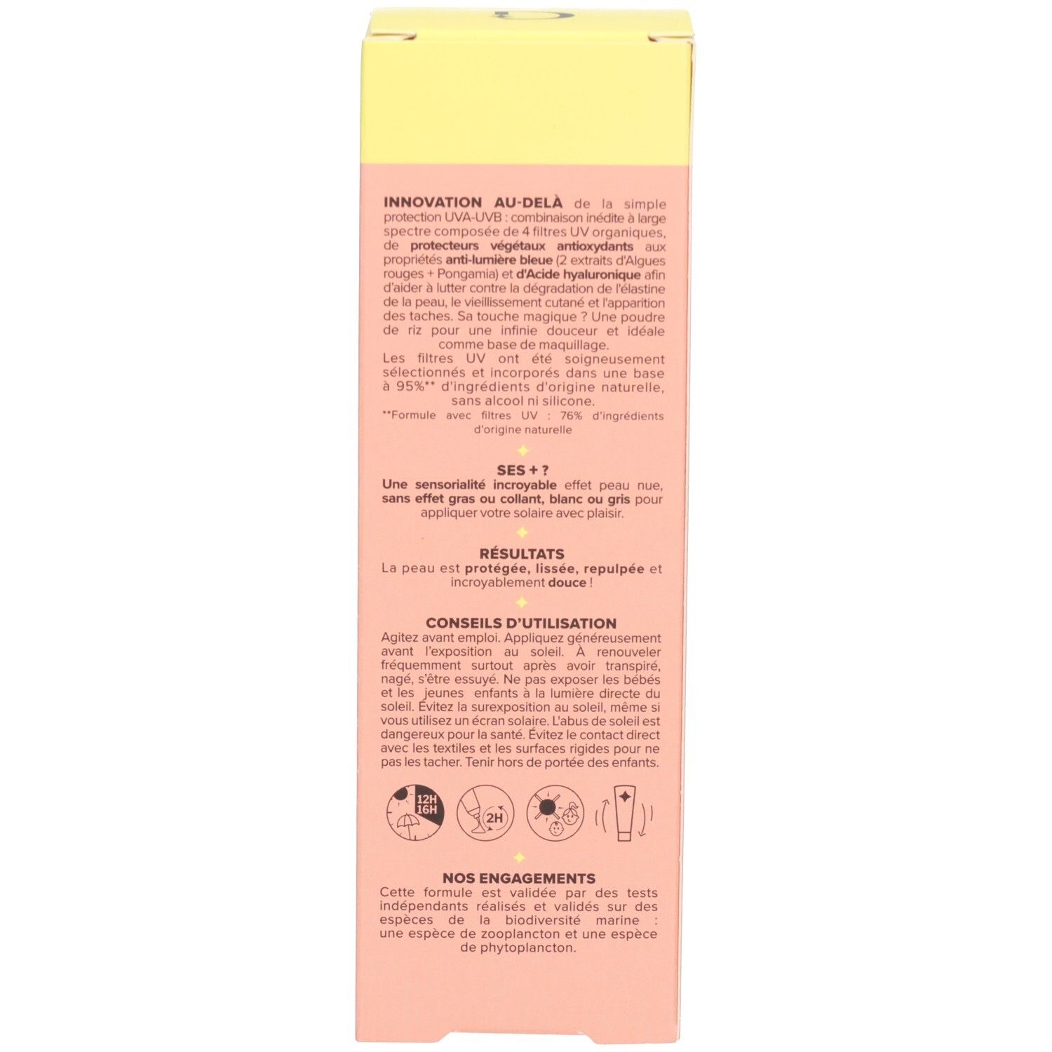 Arrière de la boîte de fluide solaire Garancia SPF50+. Contient des conseils d'utilisation et des informations produit.
