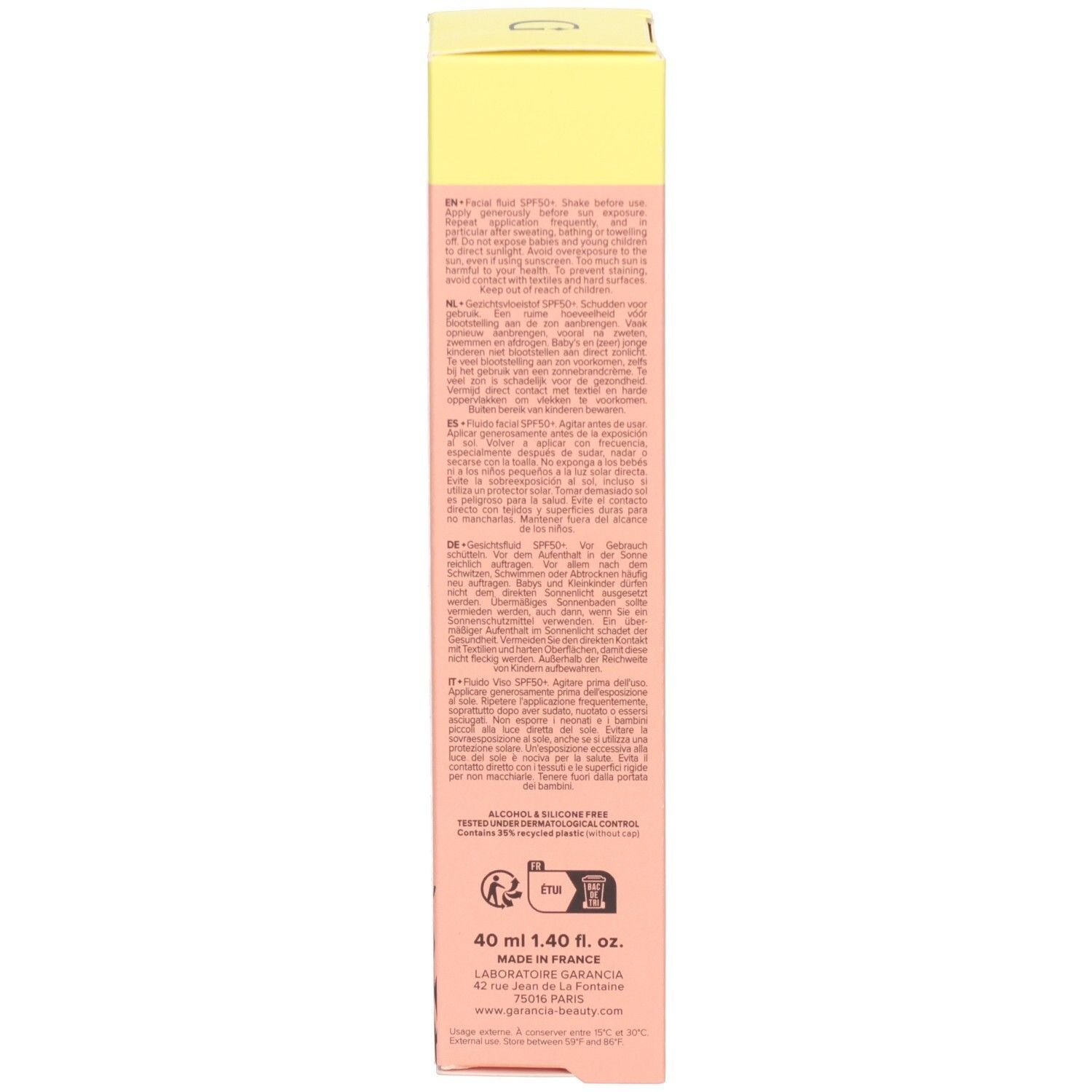 Vue latérale de la boîte de fluide solaire Garancia SPF50+. Contient des informations produit en plusieurs langues.