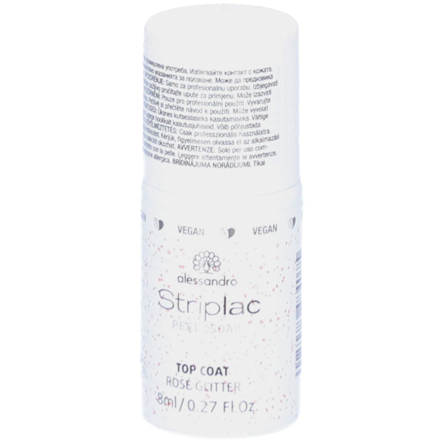 Flacon blanc avec paillettes roses. Inscription: alessandro Striplac Top Coat Rosé Glitter. Sceau végétalien. 8ml/0.27 Fl.oz.