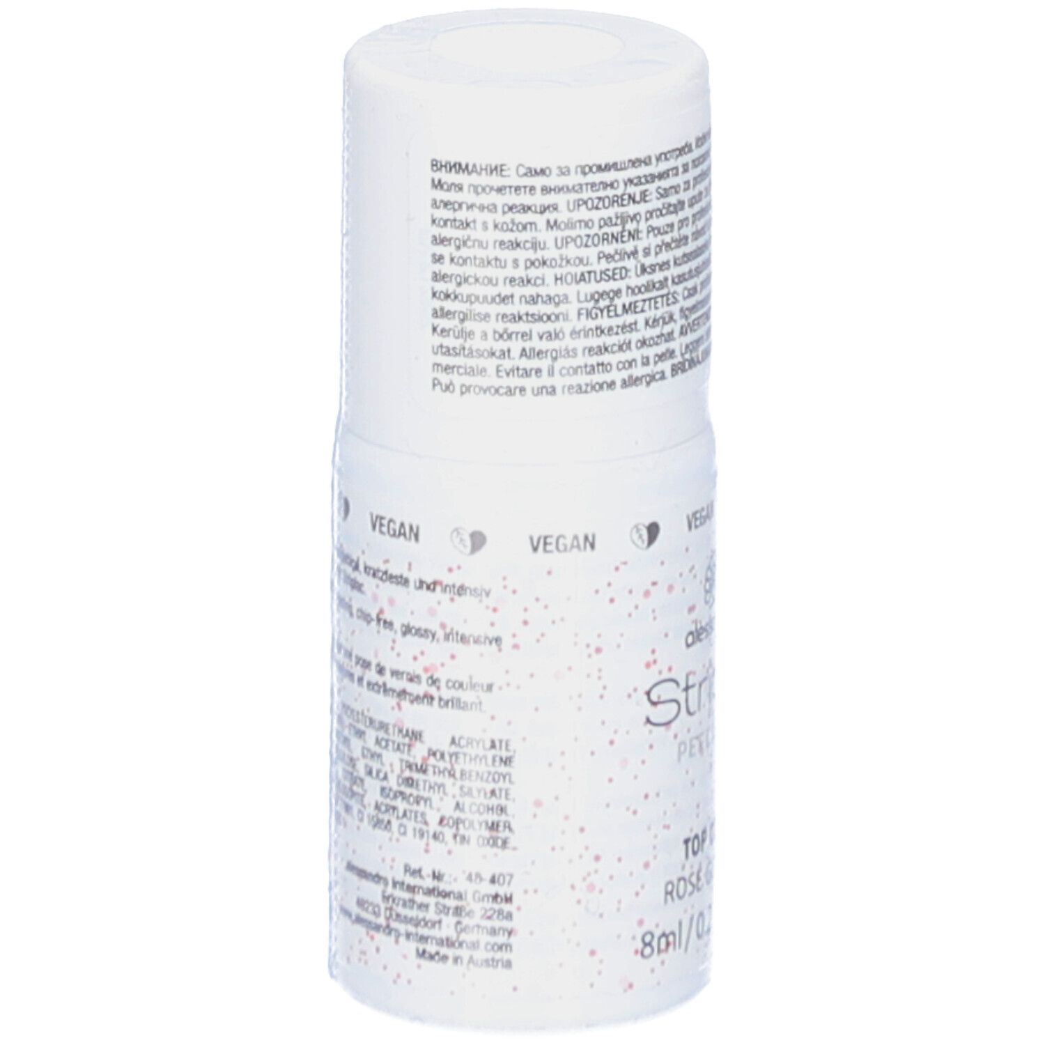 Flacon blanc avec paillettes roses. Inscription: alessandro Striplac Top Coat Rosé Glitter. Sceau végétalien. 8ml/0.27 Fl.oz. Ingrédients.