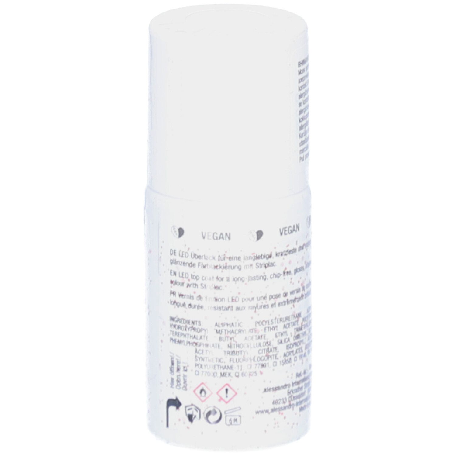 Flacon blanc avec paillettes roses. Inscription: alessandro Striplac Top Coat Rosé Glitter. Sceau végétalien. Avertissements et ingrédients.
