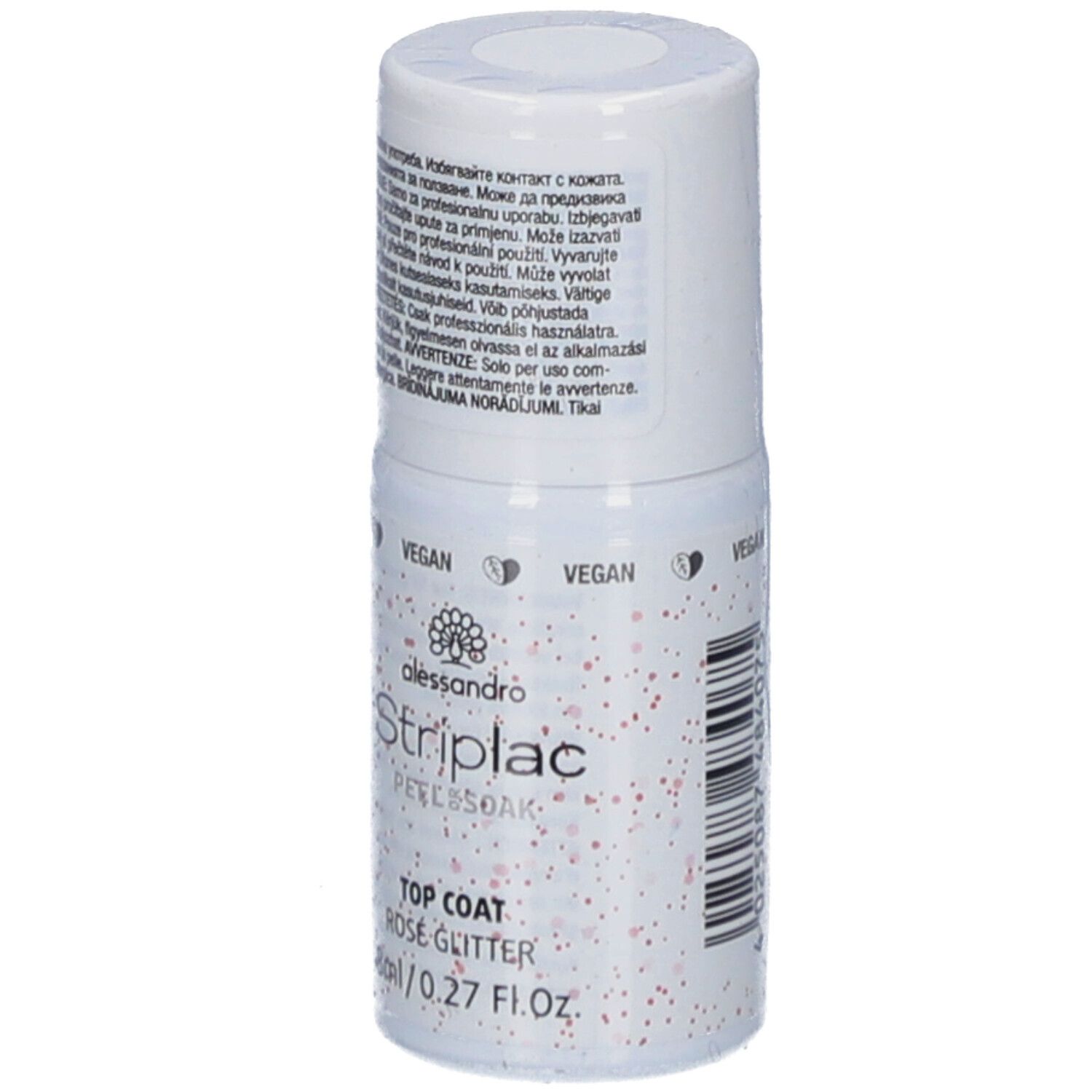 Flacon blanc avec paillettes roses. Inscription: alessandro Striplac Top Coat Rosé Glitter. Sceau végétalien. 8ml/0.27 Fl.oz.