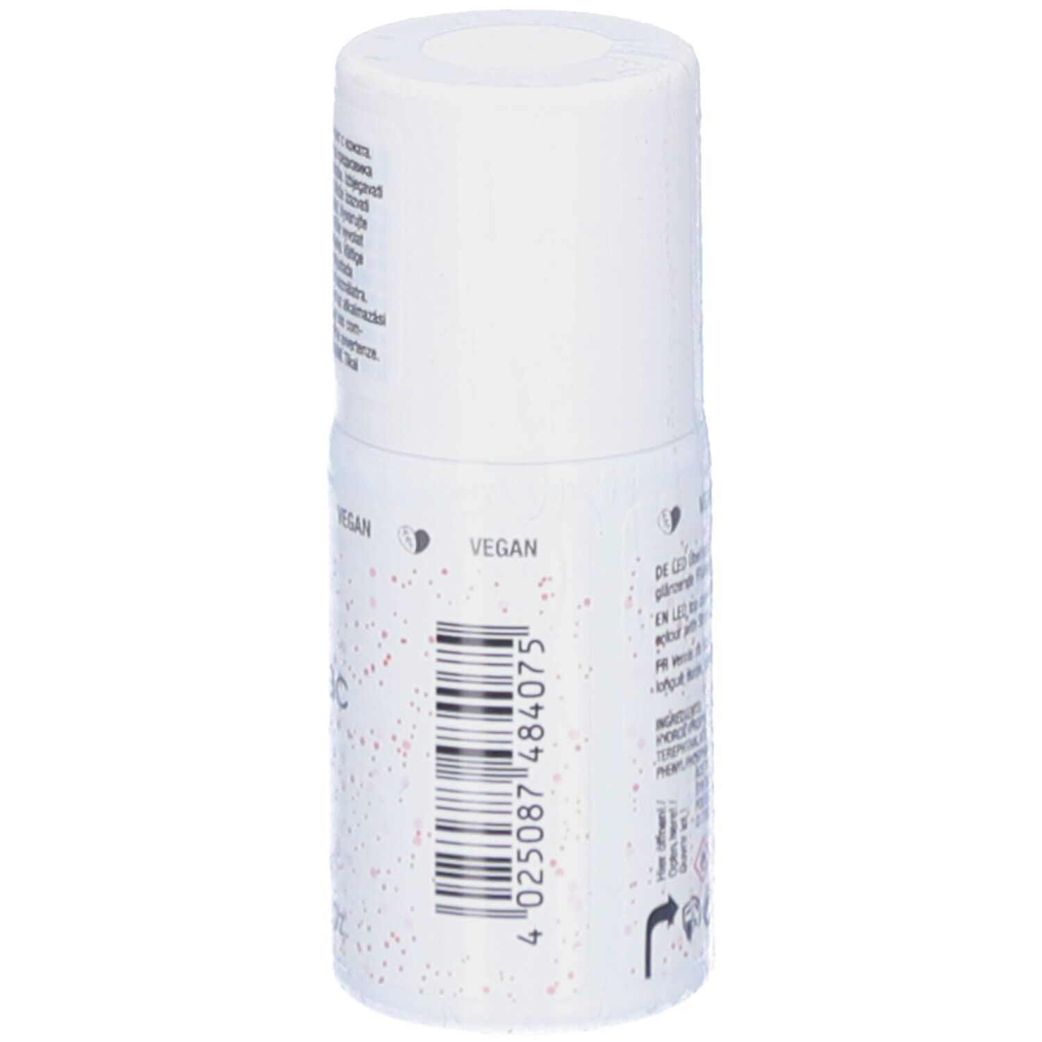 Flacon blanc avec paillettes roses. Inscription: alessandro Striplac Top Coat Rosé Glitter. Sceau végétalien. Code-barres.