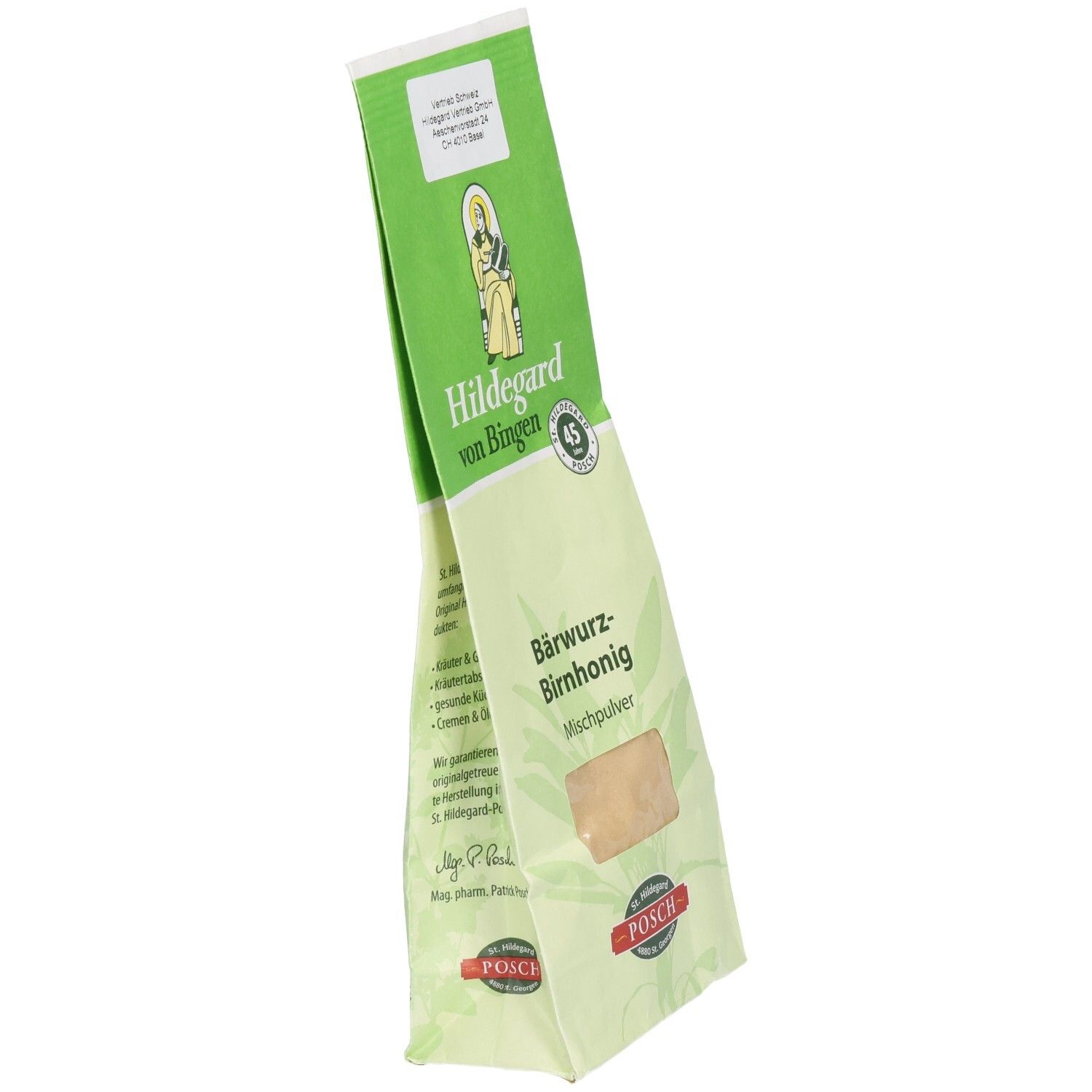 Sachet de poudre mélangée en biais. Emballage vert et blanc avec nom et logo. Fenêtre transparente.