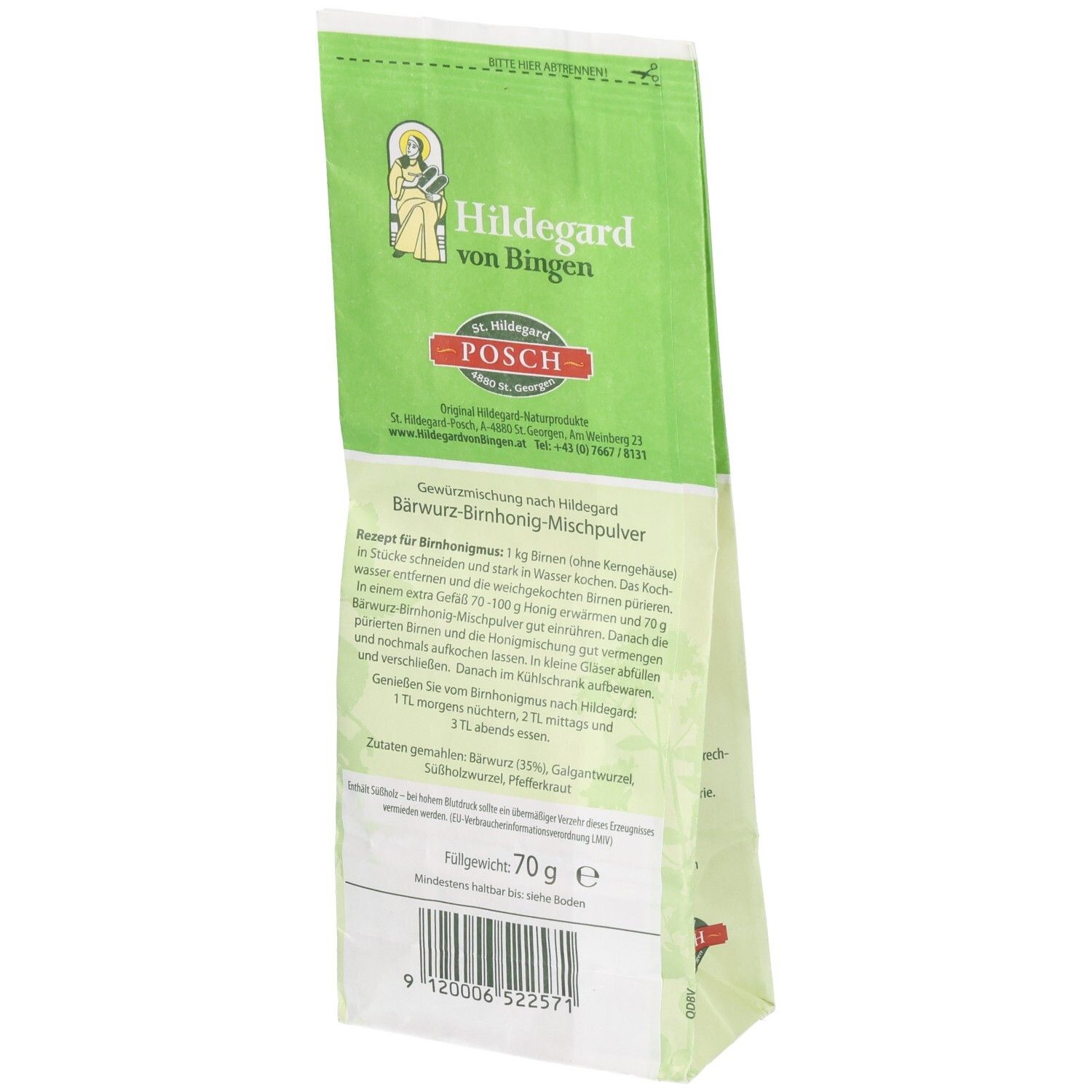 Dos d'un sachet de poudre mélangée. Informations textuelles sur emballage vert et blanc. Poids 70g.