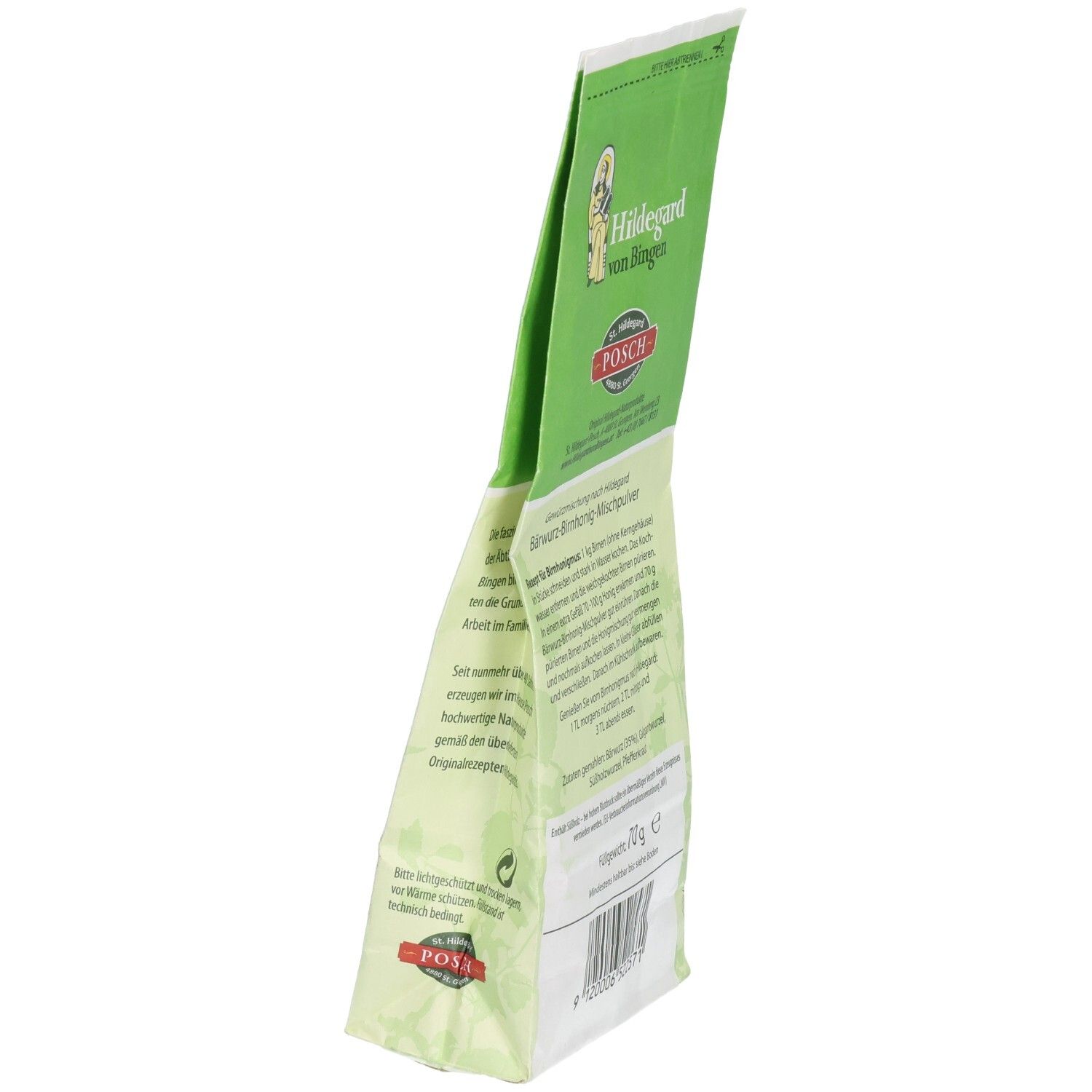 Dos incliné d'un sachet de poudre mélangée. Informations textuelles sur emballage vert et blanc.