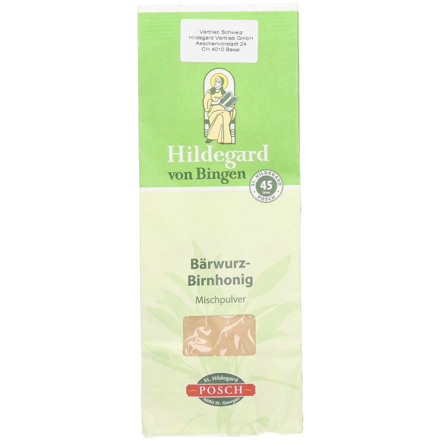 Sachet de poudre mélangée. Emballage vert et blanc avec nom et logo du produit. Fenêtre transparente.