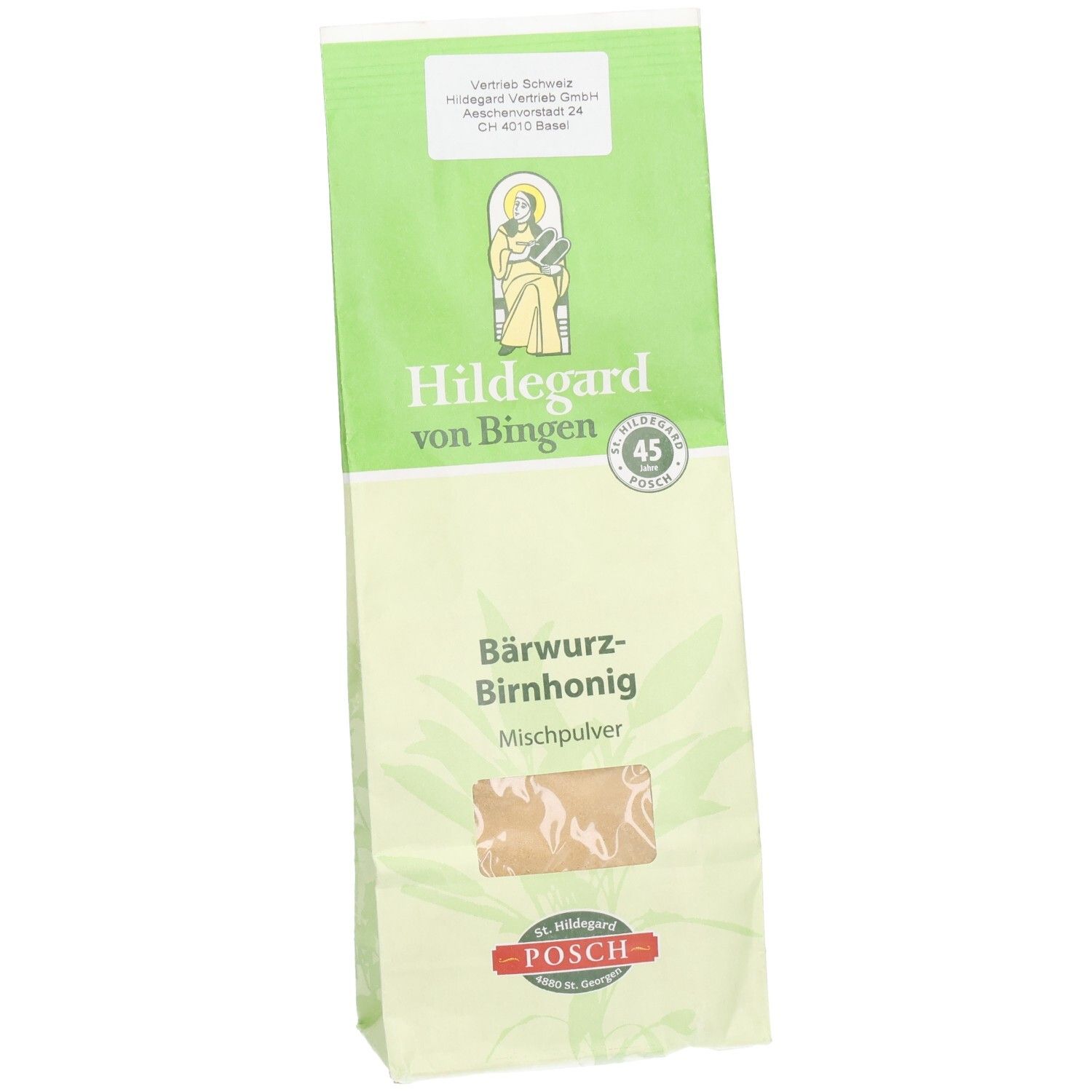 Sachet de poudre mélangée. Emballage vert et blanc avec nom et logo du produit. Fenêtre transparente.