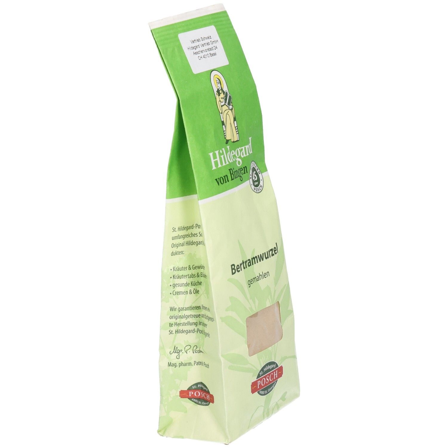Bertramwurzel-Verpackung, schräg. Grün-weiße Tüte mit Produktnamen und Logo. Sichtfenster zeigt Inhalt.