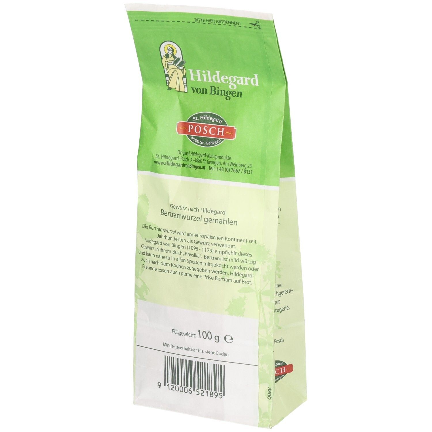 Rückseite der Bertramwurzel-Verpackung. Grün-weiße Tüte mit Produktinformationen und Logo. 100g-Gewichtsangabe.